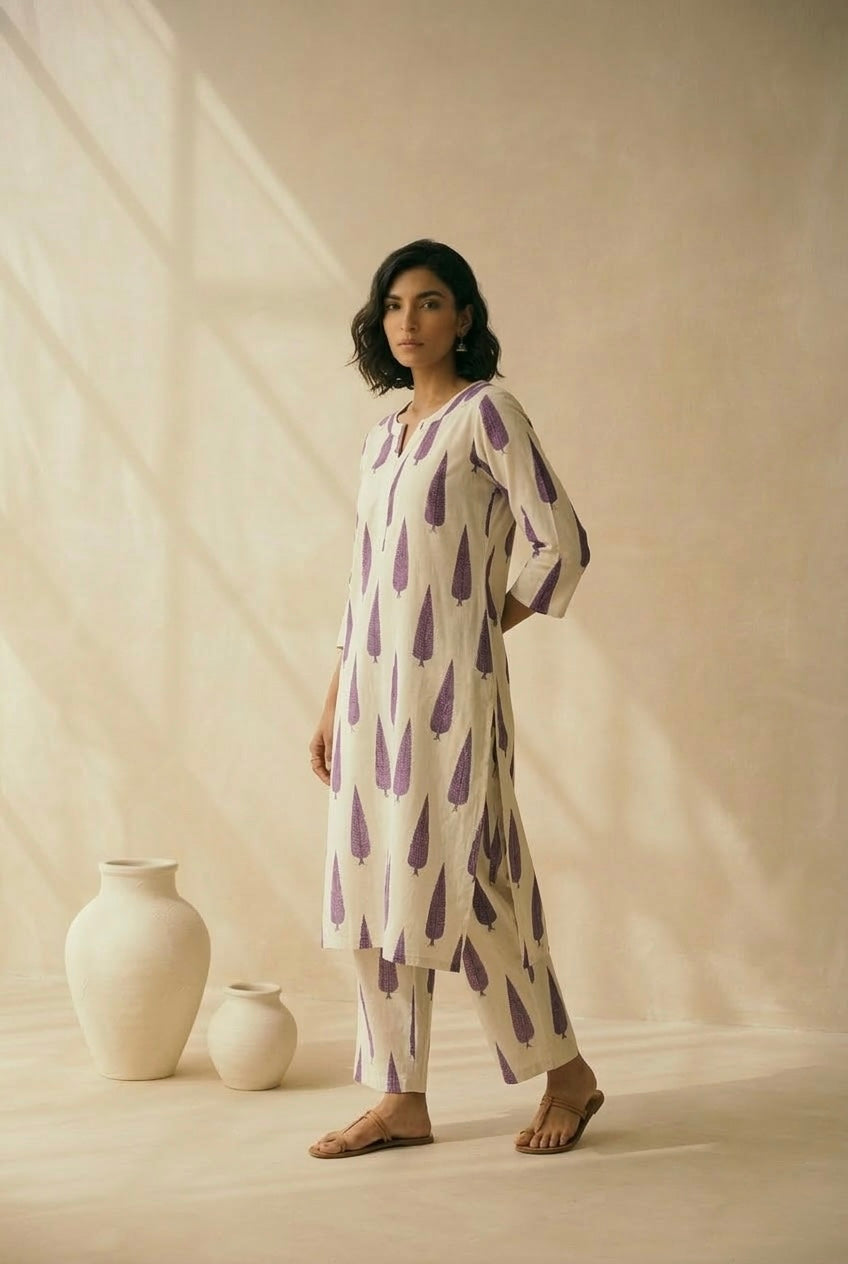 Purple Cotton Printed Kurta Set | HER-711