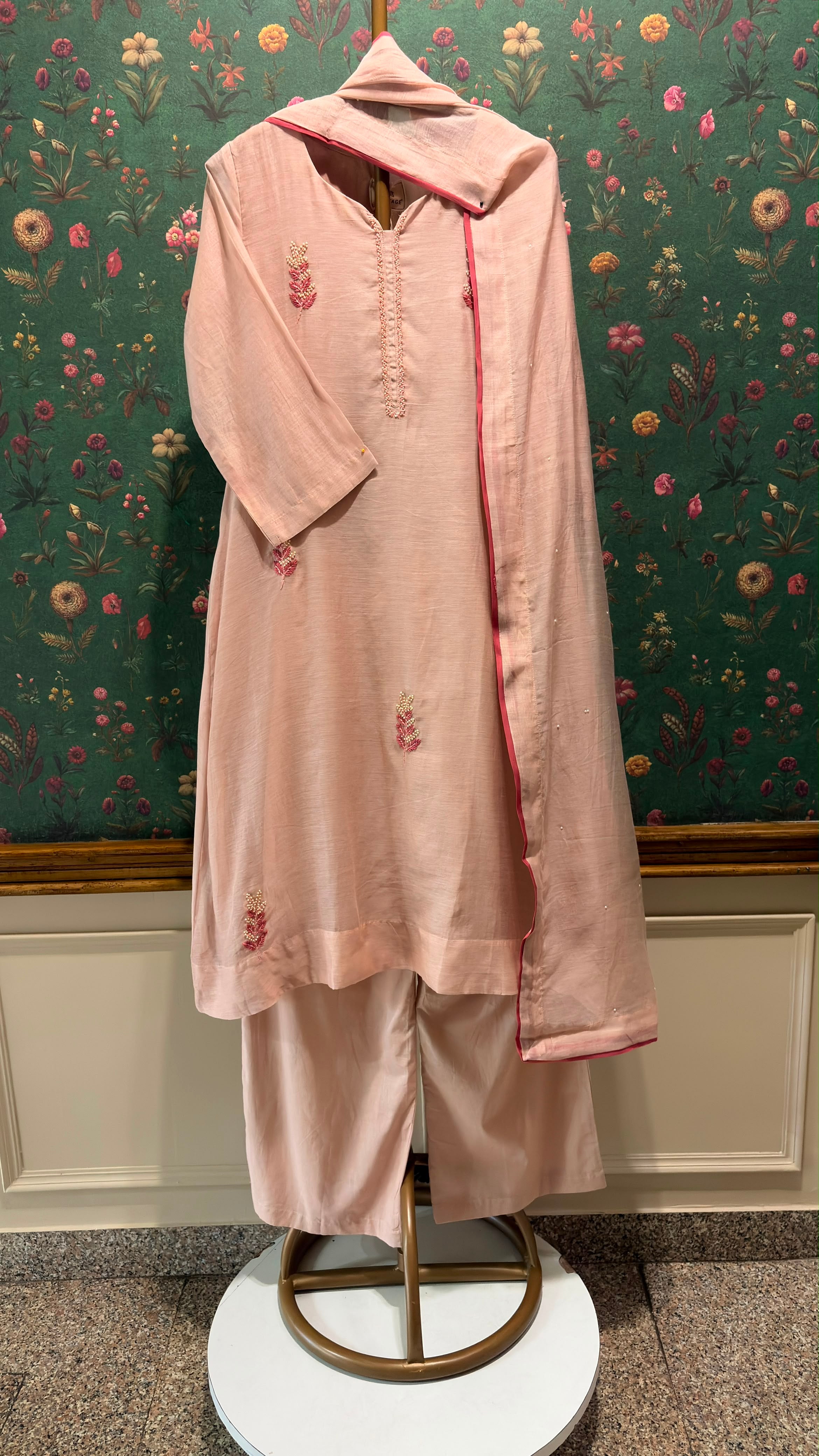 Blush Peach Pearl Embroidered Mul Chanderi A-Line Suit Set