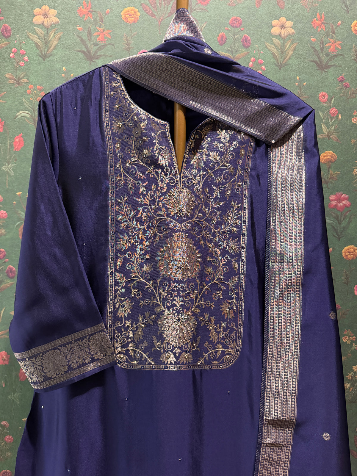 Midnight Blue Dola Silk Zari Embroidered Suit Set