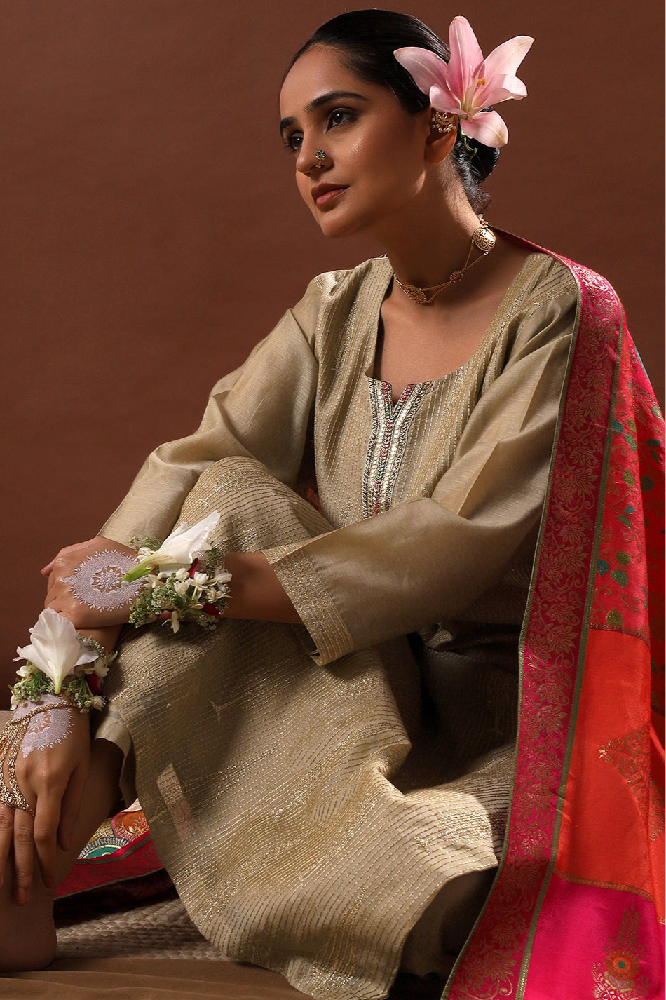 Zayna Gold Chanderi Suit Set with Banarasi Dupatta | HER-486