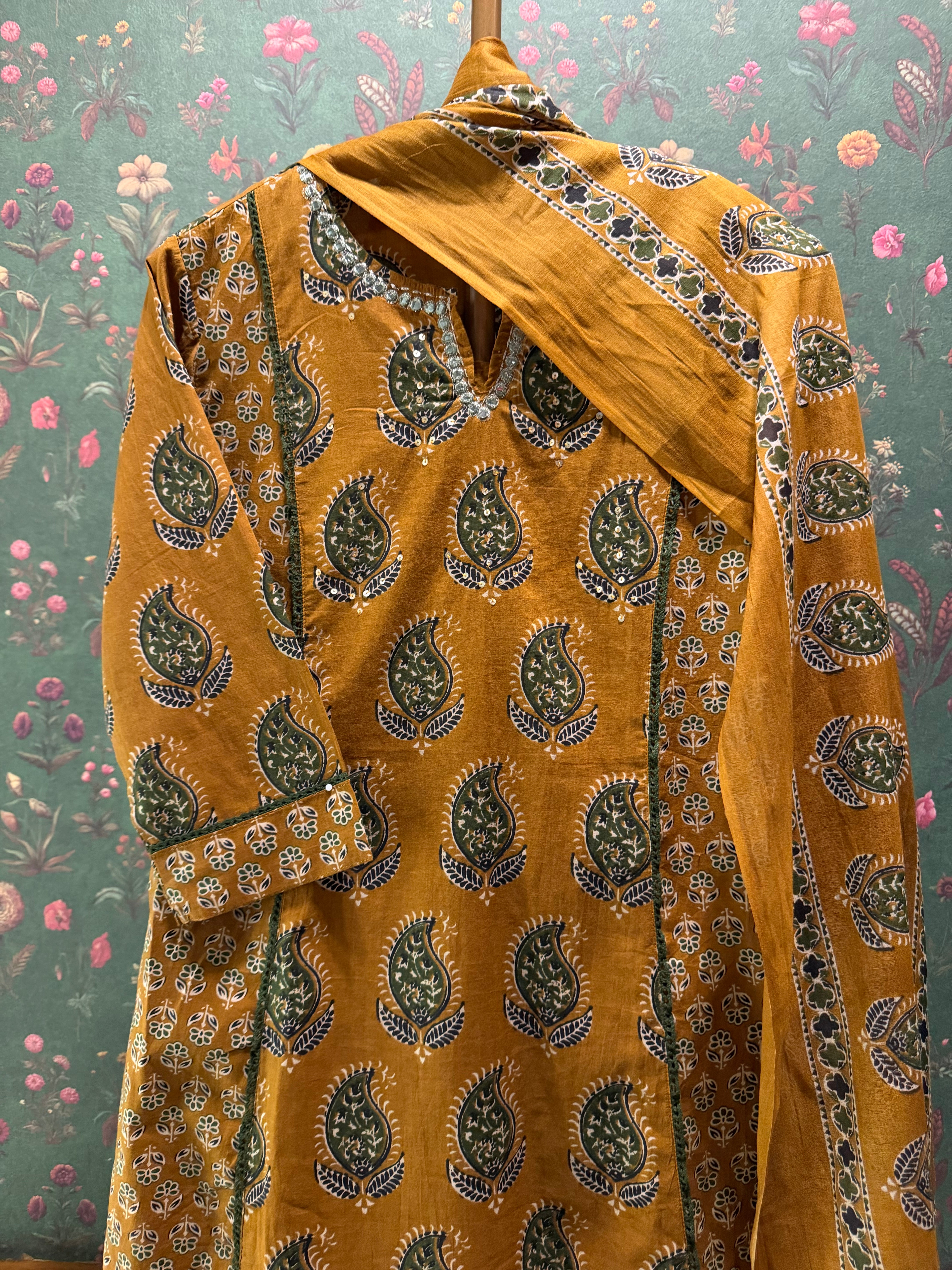 Mustard Yellow Printed A-Line Cotton Suit Set | HER-720