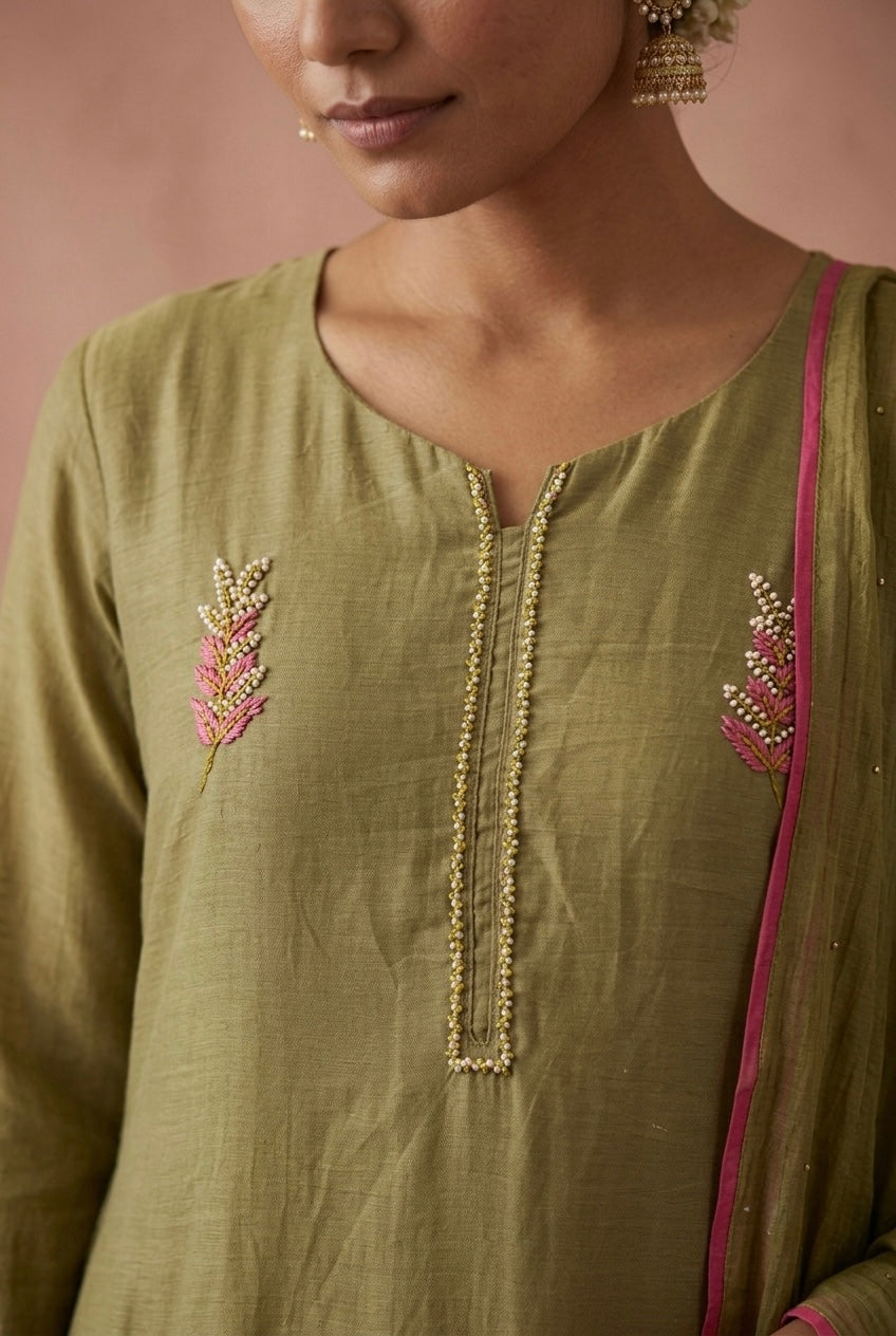 Olive Green Embellished Mul Chanderi A-Line Suit Set