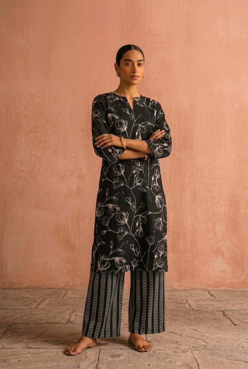 Black Floral Printed Suit Set | HER-728