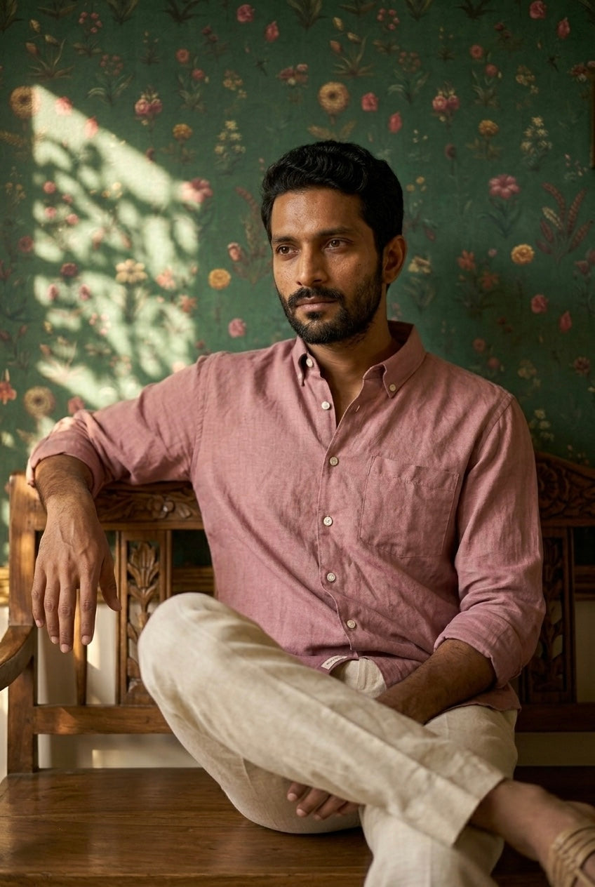 Dusty Rose Pink Men’s Pure Linen Full Sleeves Shirt