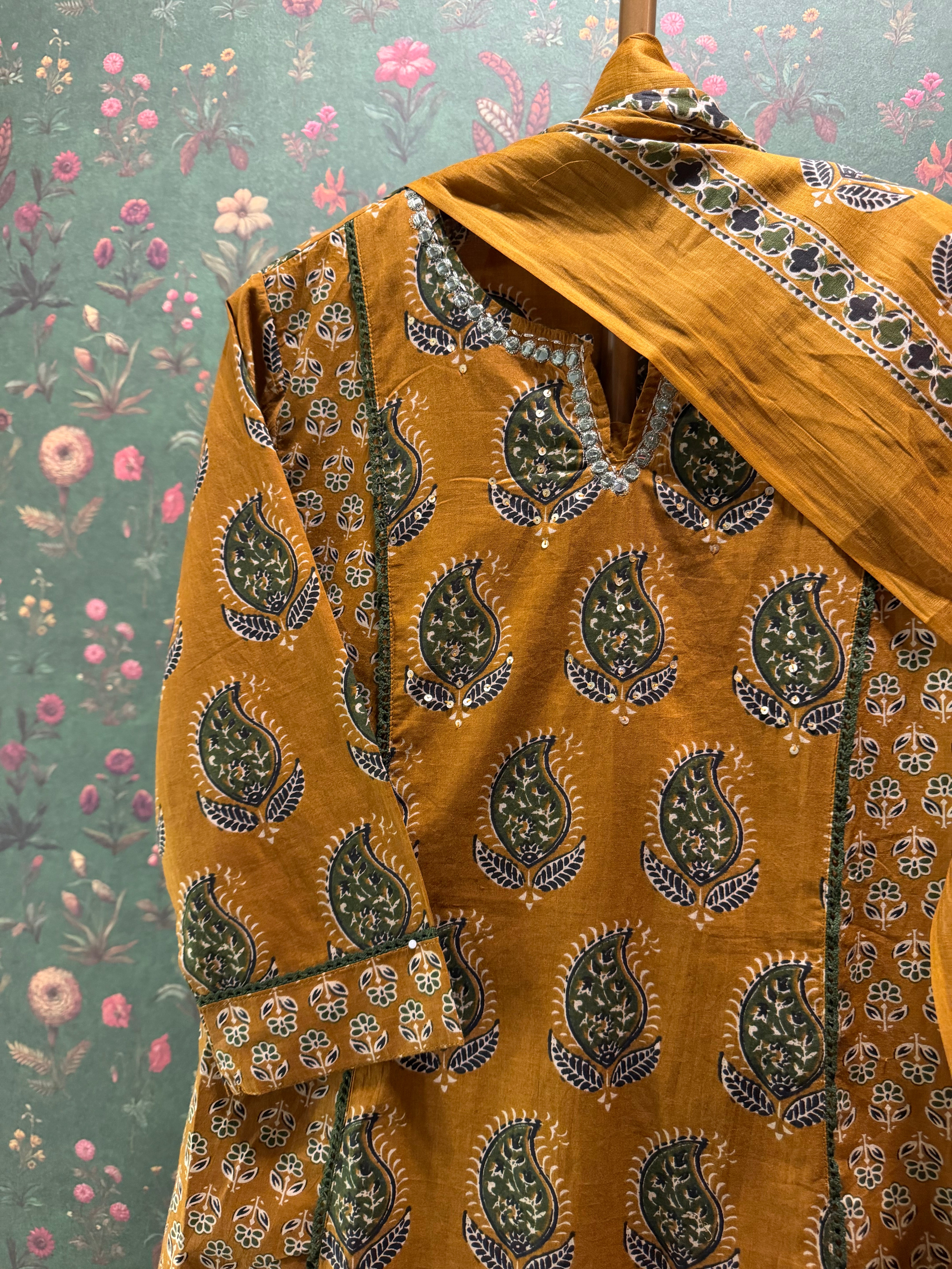 Mustard Yellow Printed A-Line Cotton Suit Set | HER-720