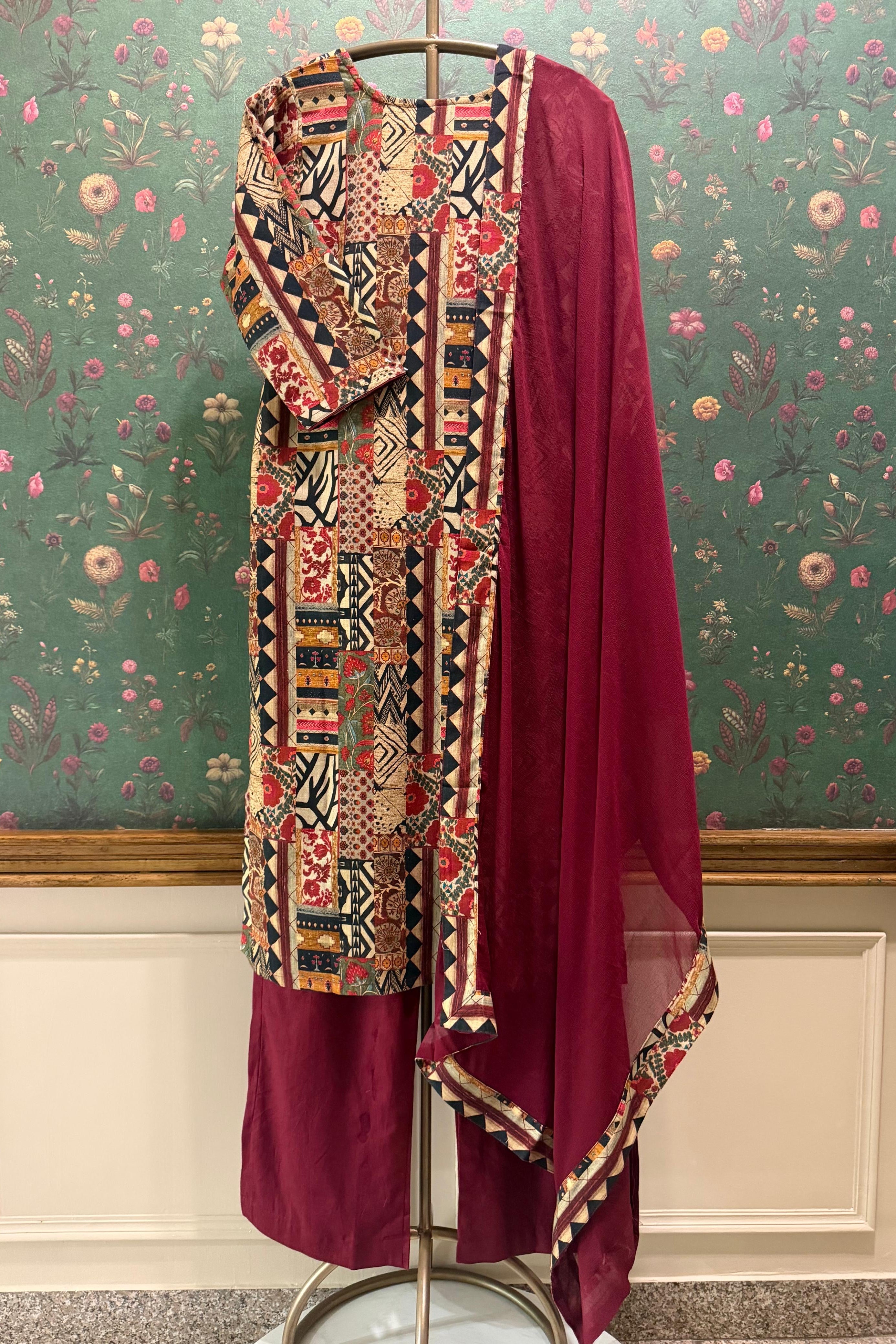 Rangrez Maroon Patchwork Suit Set | HER-645