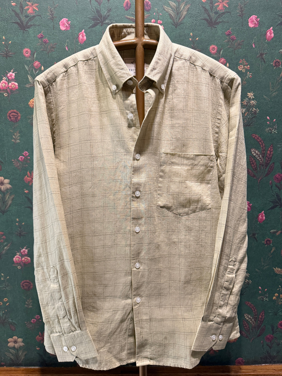 Men’s Sand Beige Windowpane Check Pure Linen Full Sleeves Shirt