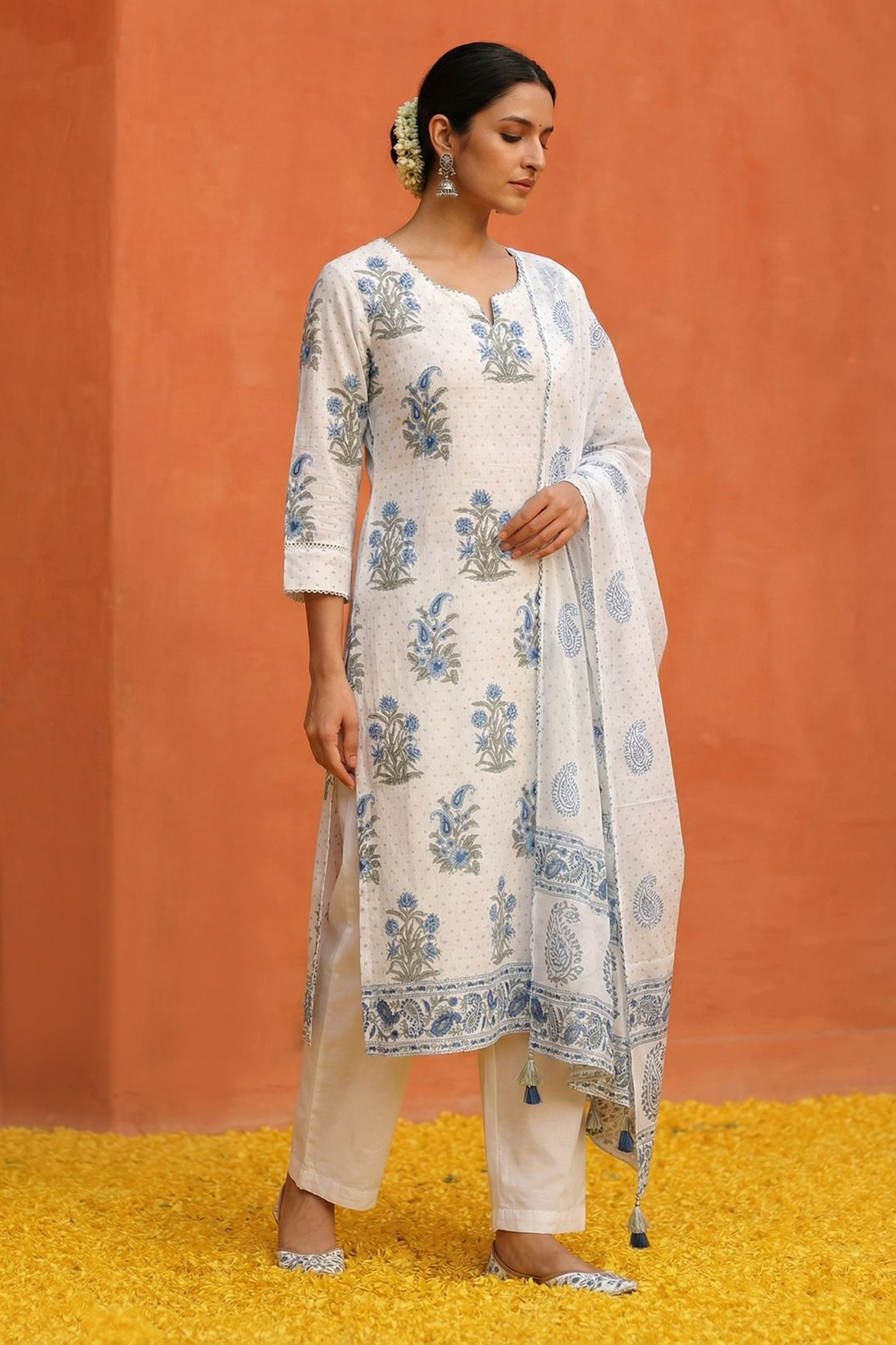 White & Blue Straight Fit Cotton Suit Set (With Pants and Dupatta)