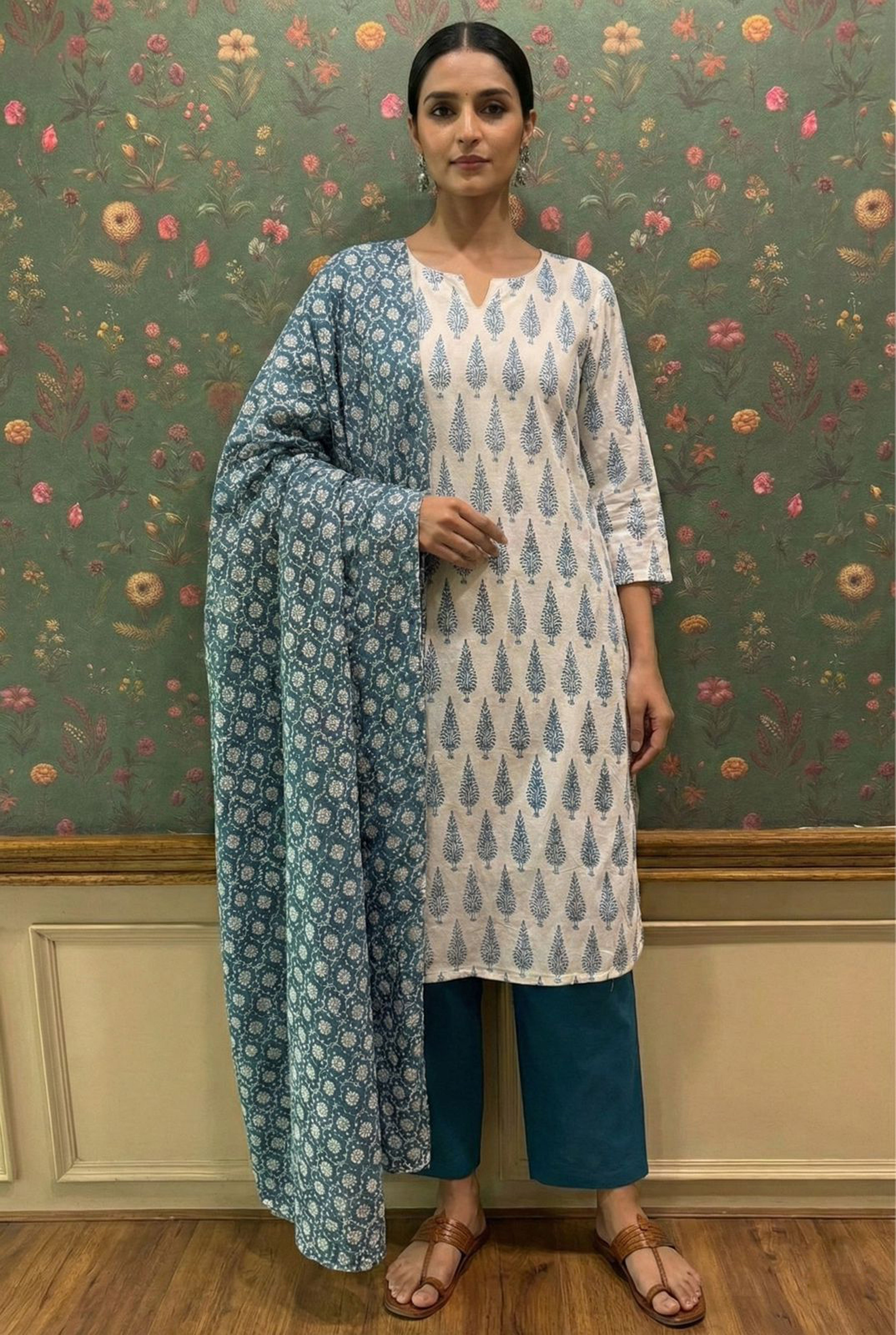 Blue Motifs Handblock Cotton Suit Set | SA-24