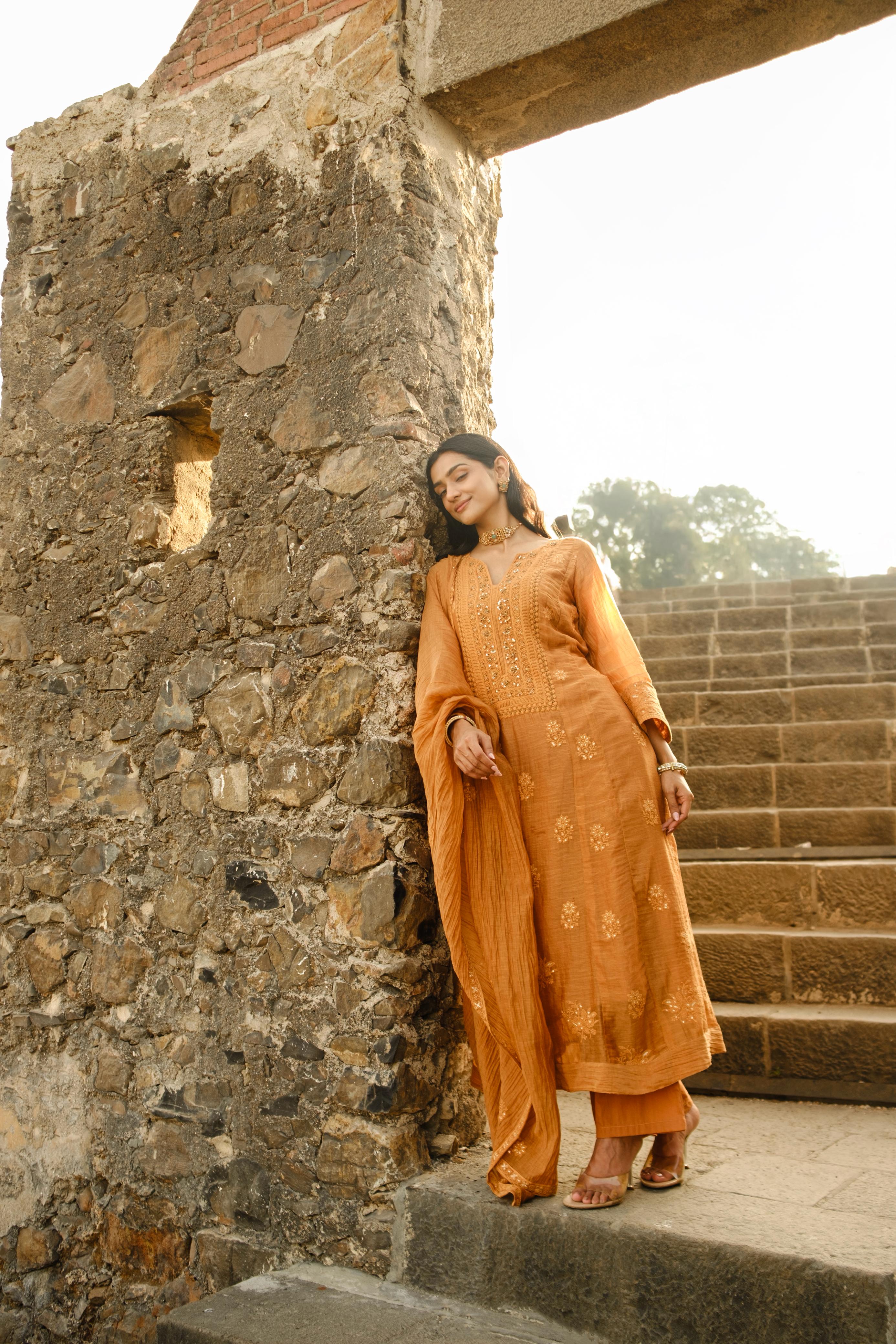 Ochre Yellow Chikankari A-Line Mul Chanderi Suit Set | HER-626