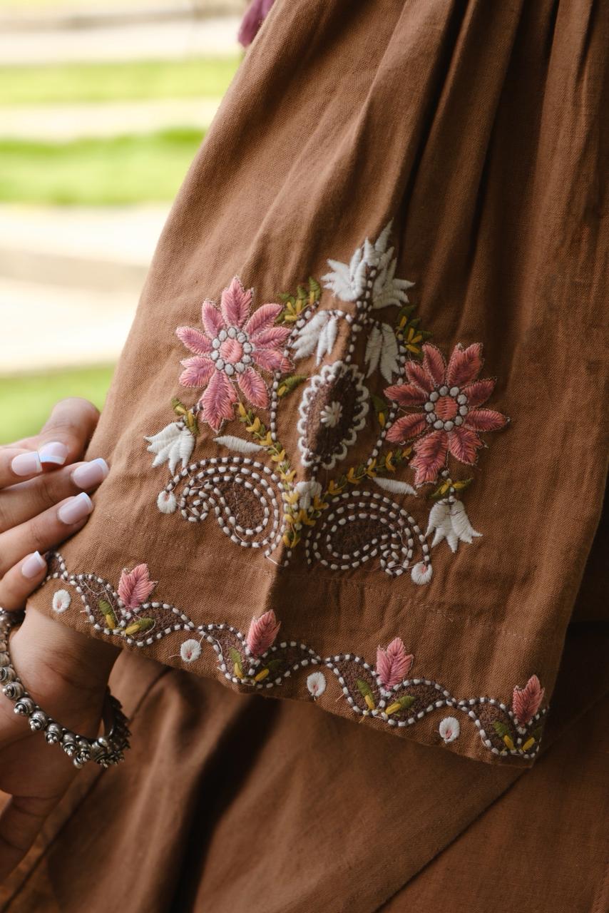 Caramel Brown Embroidered A-Line Kurta Set | HER-723