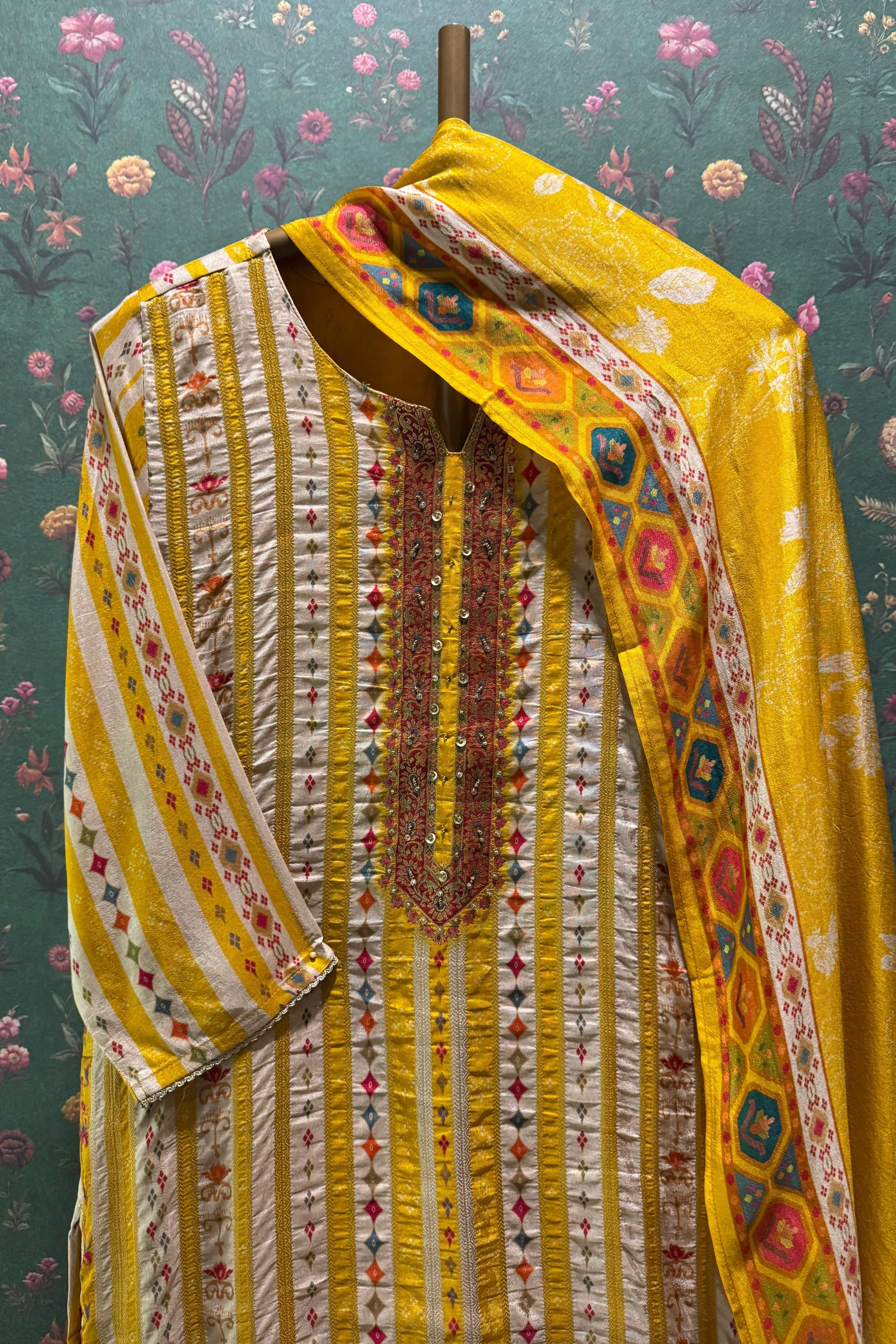 Rangriti Yellow Dola Jacquard Suit Set | HER-549