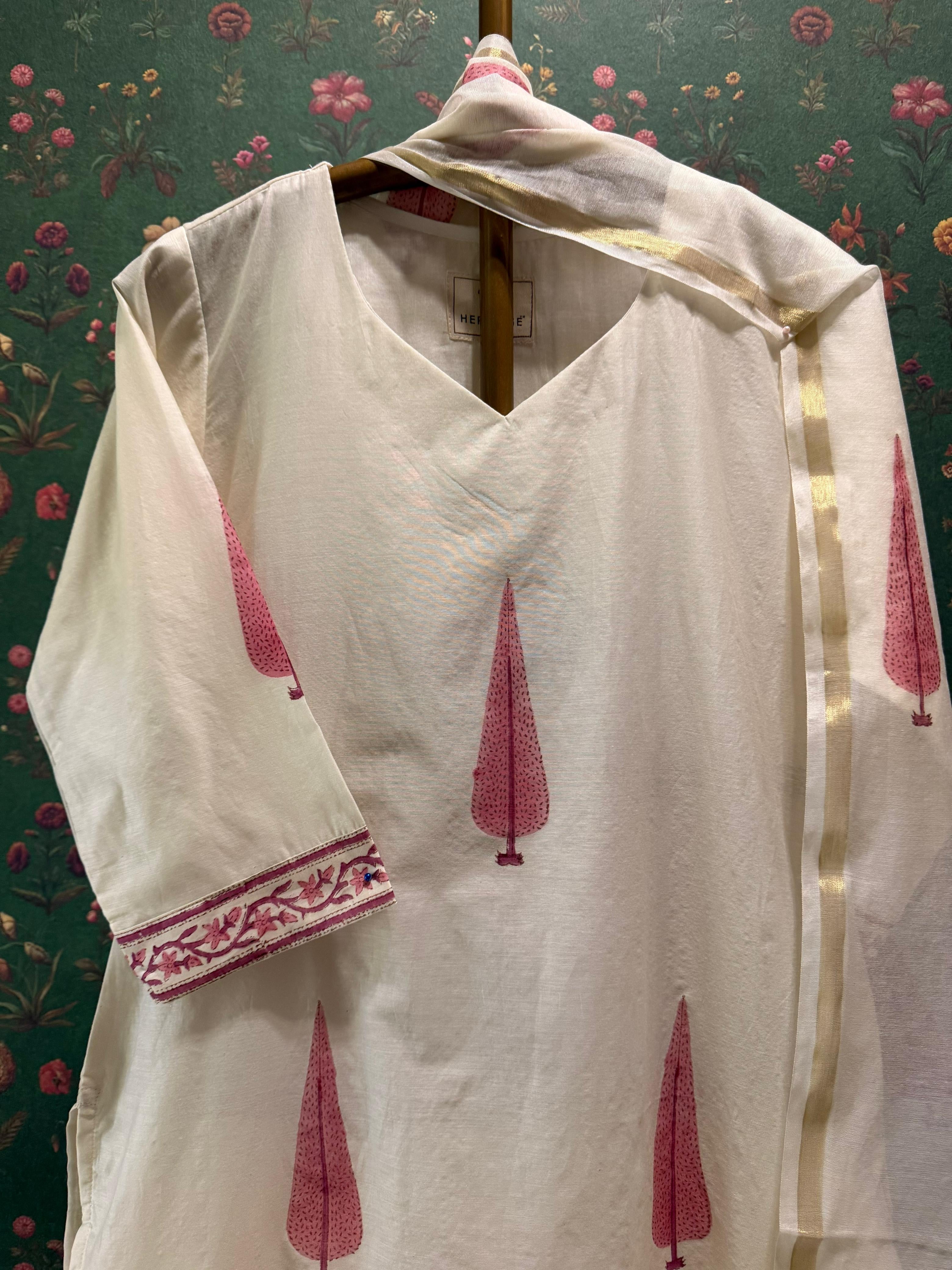 Ivory White & Rose Pink Printed Chanderi Suit Set | HER-760