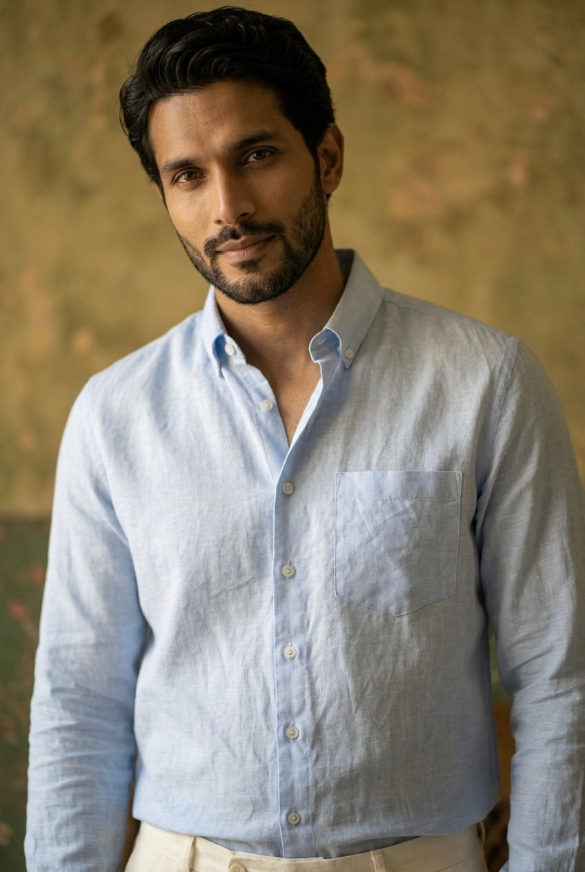 Pastel Blue Men’s Pure Linen Full Sleeves Shirt