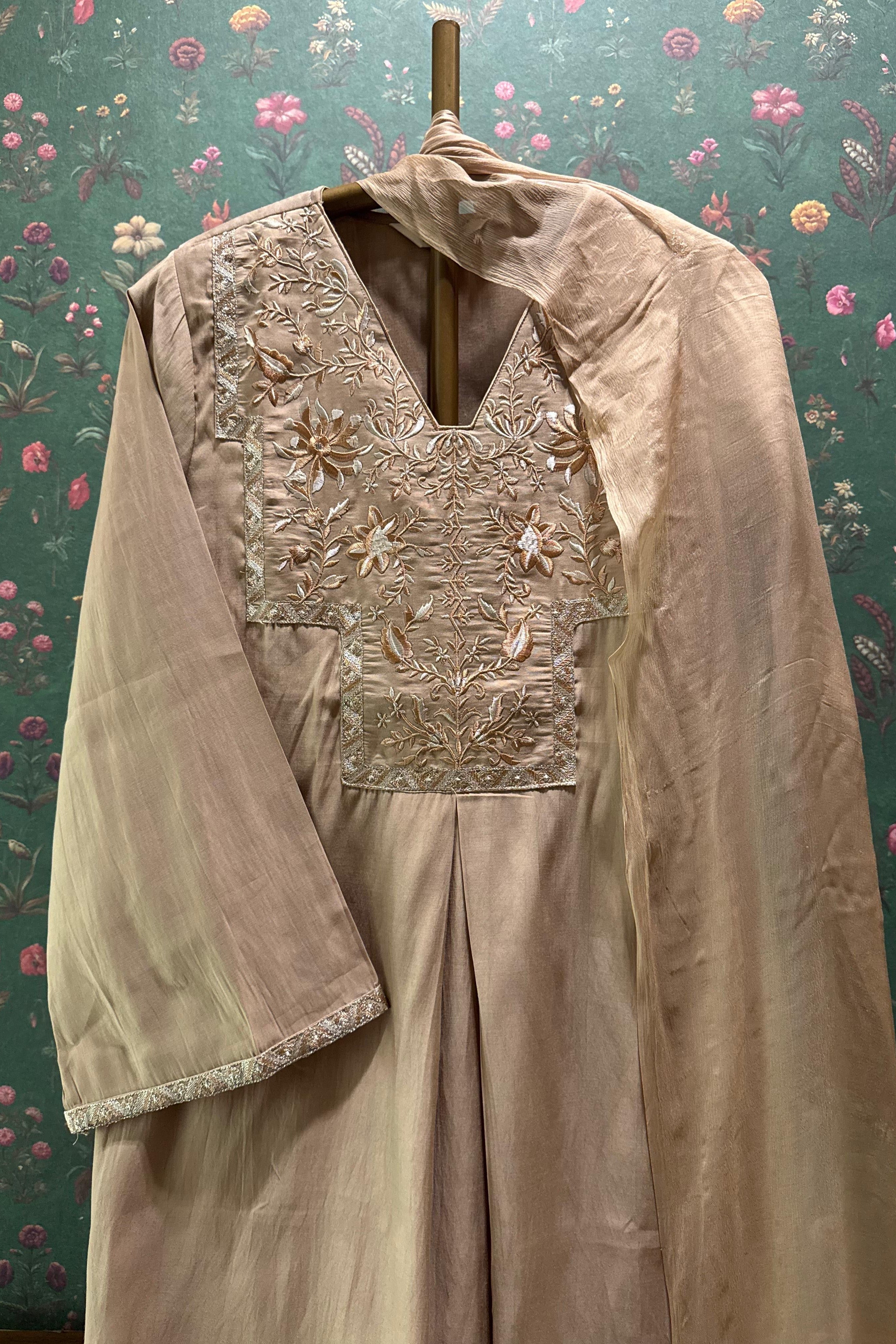 Saanjh Blush Nude Modal Silk Embroidered Suit Set | HER-554