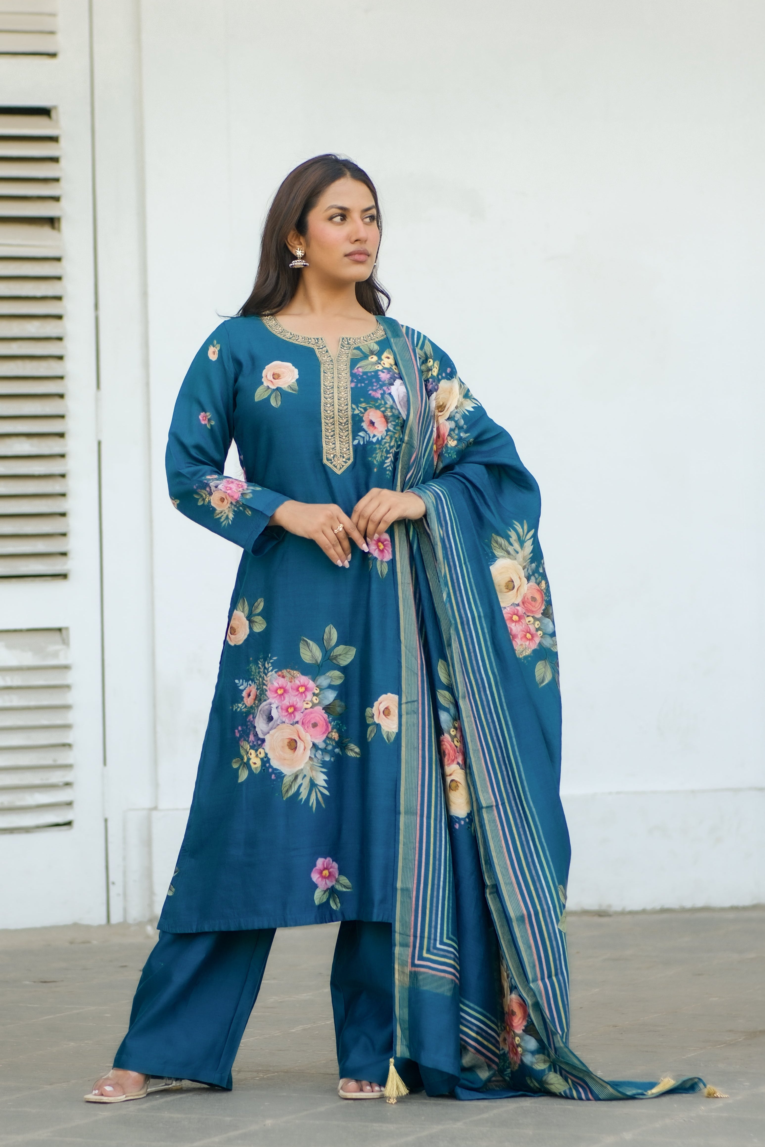 Emerald Teal Blue Floral Chanderi Suit Set x Celina | HER-606