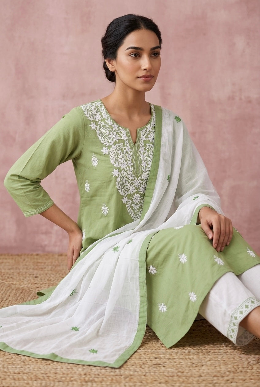 Green Cotton Chikankari Suit Set | HER-531
