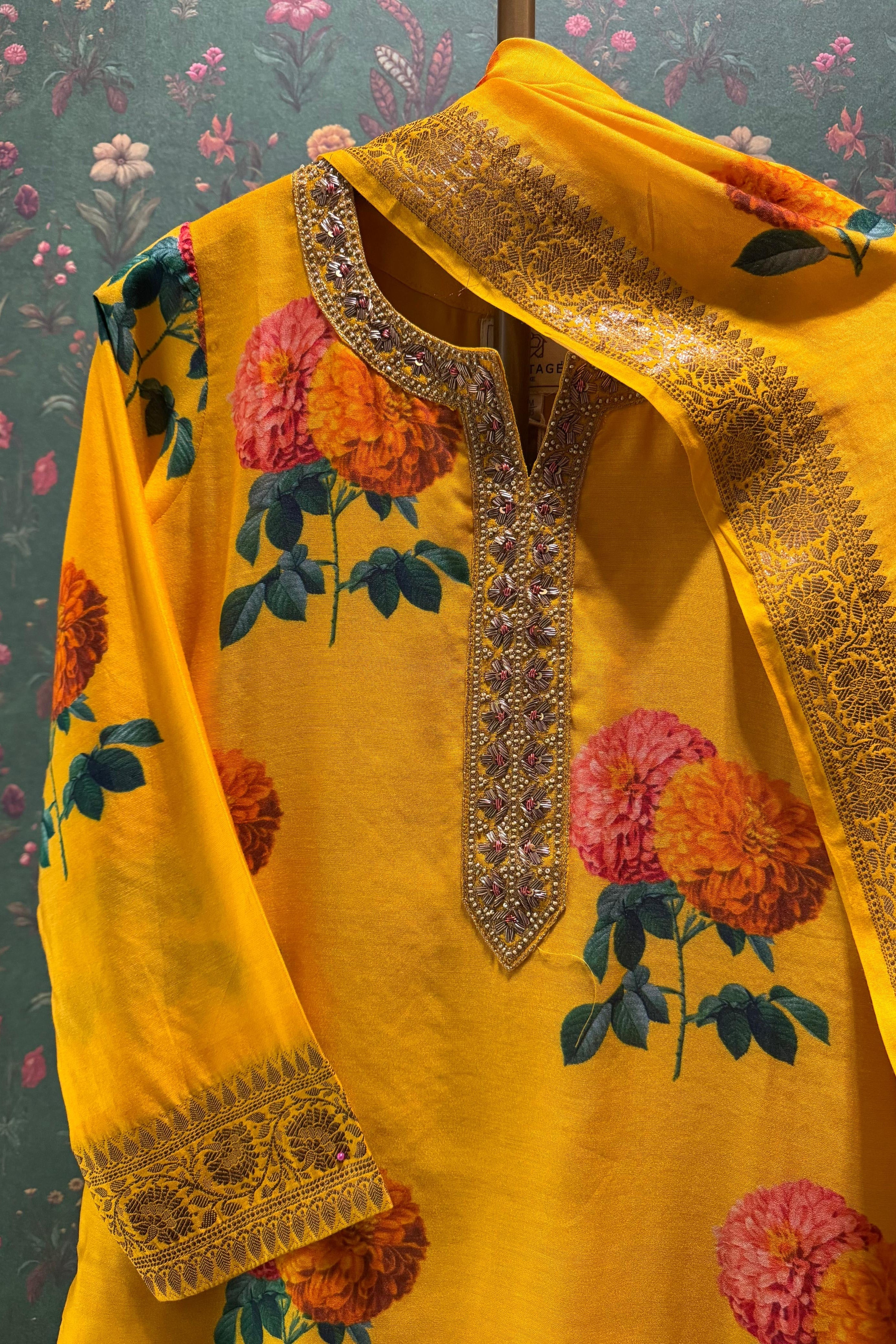 Yellow Floral Chanderi Suit Set | HER-608