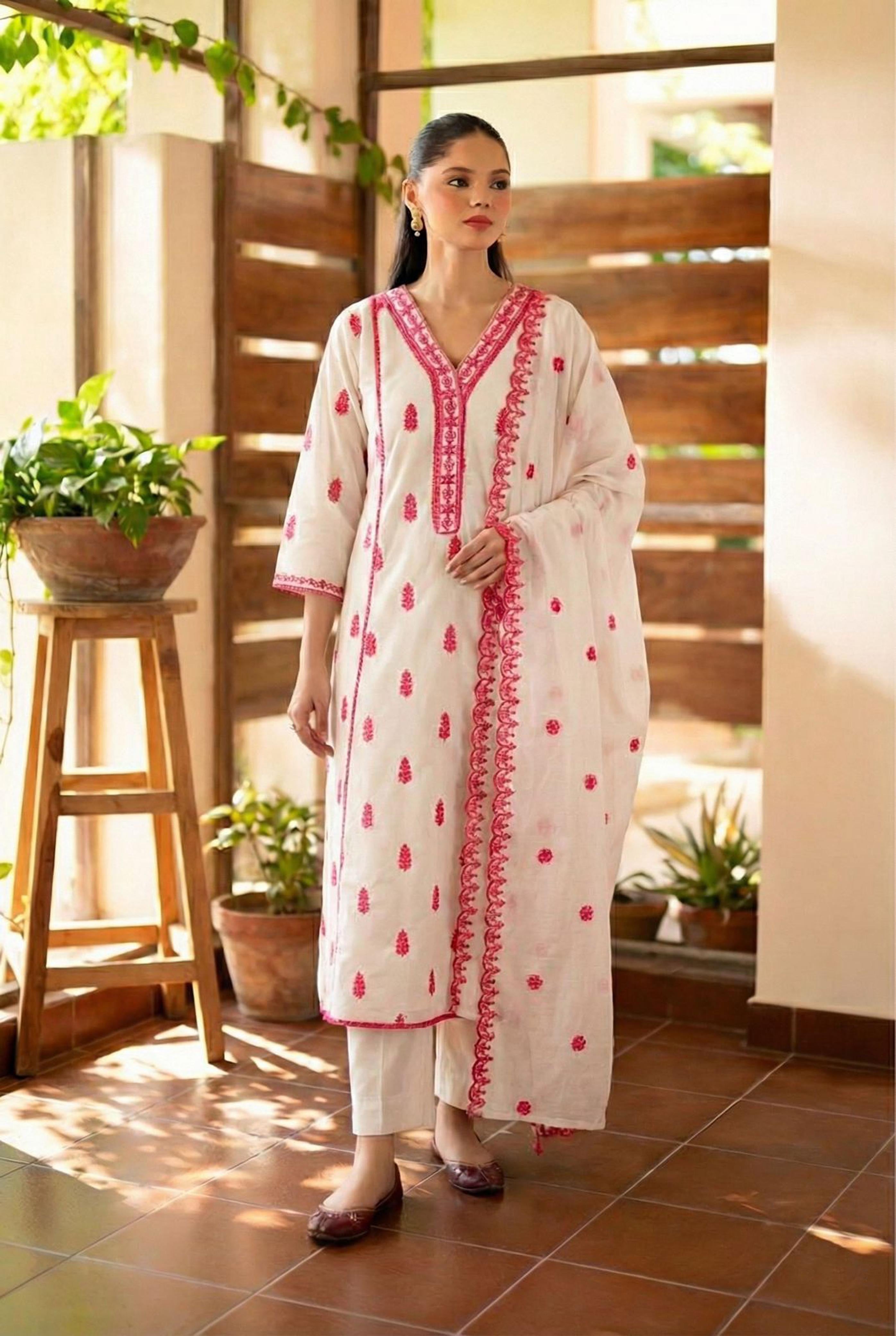 Ivory Cotton Charm A-Line Suit Set (Fuchsia Pink) | HER-514