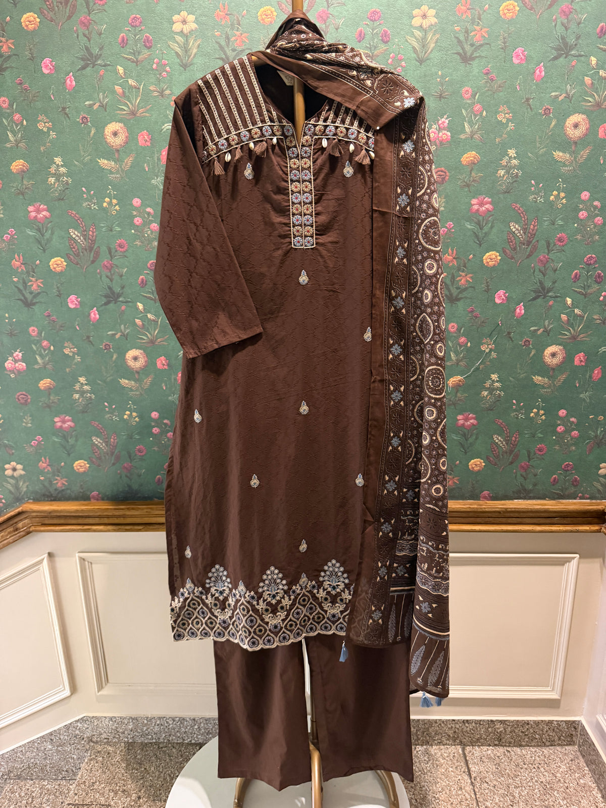 Chocolate Brown Embroidered Pure Cotton Suit Set