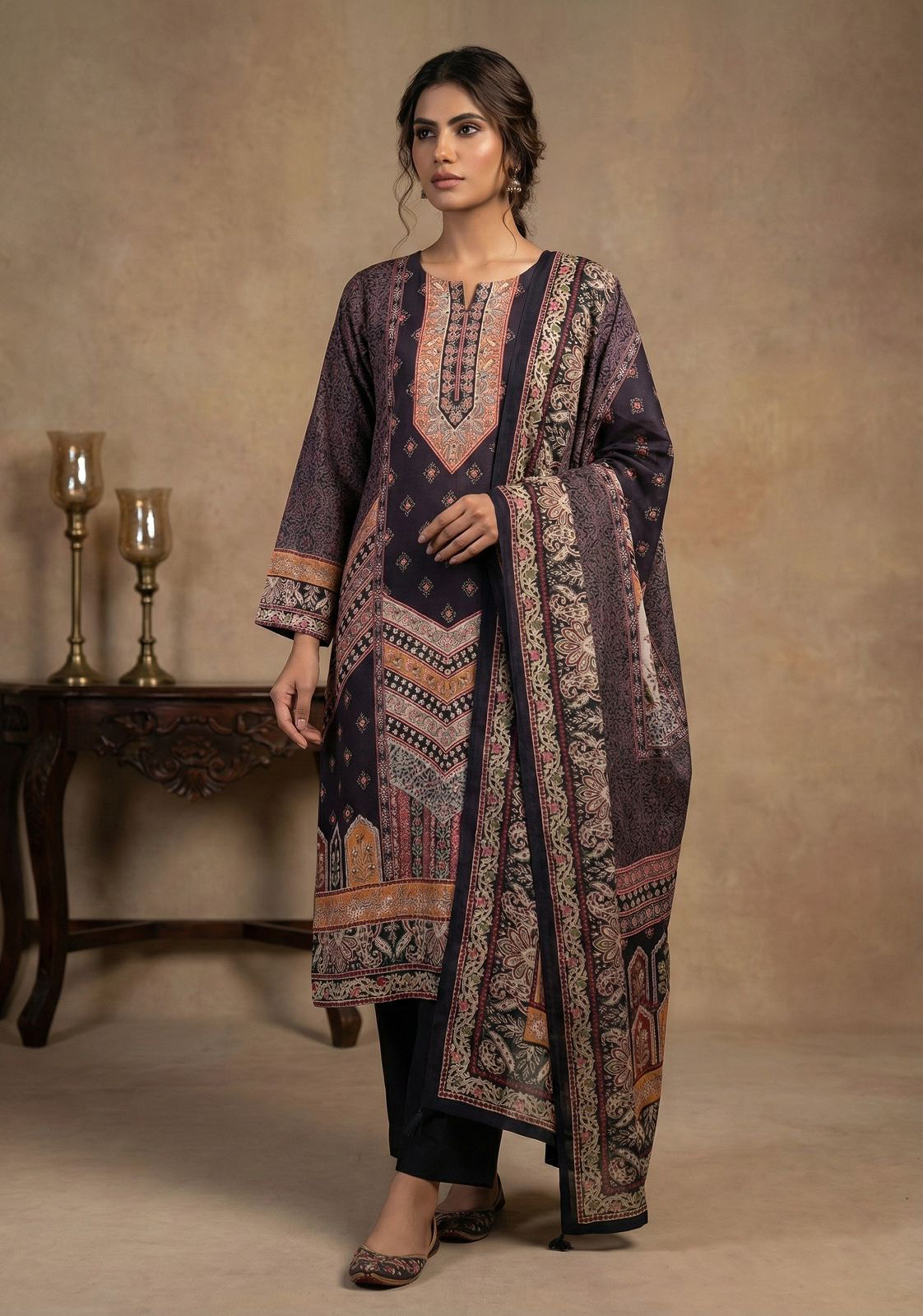 Black Kashmiri Mosaic Printed Suit Set | HER-570