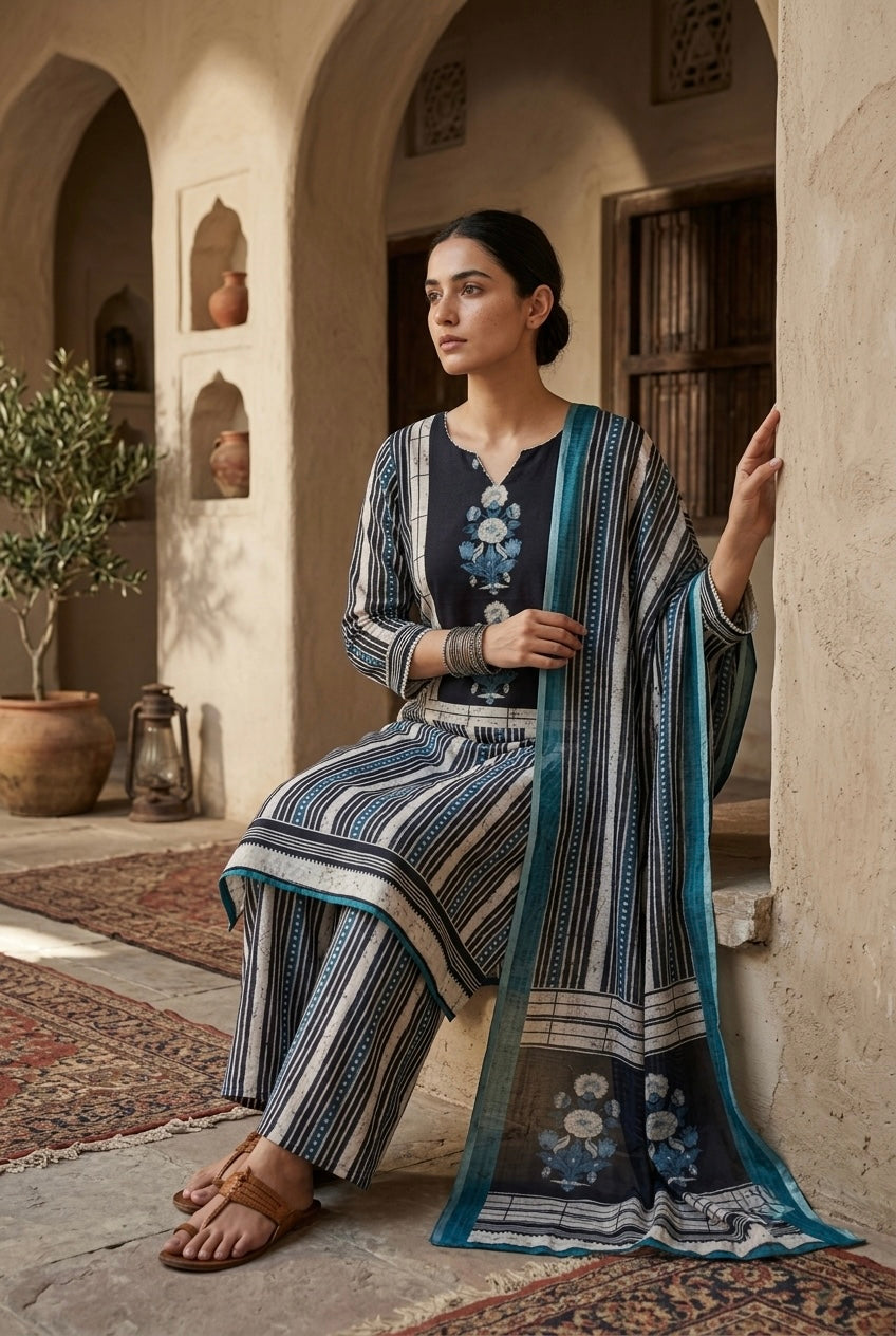 Blue Floral Printed Linen Suit Set | HER-644