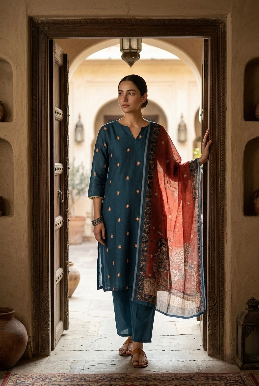Teal Blue Madhubani Cotton Suit Set | HER-642