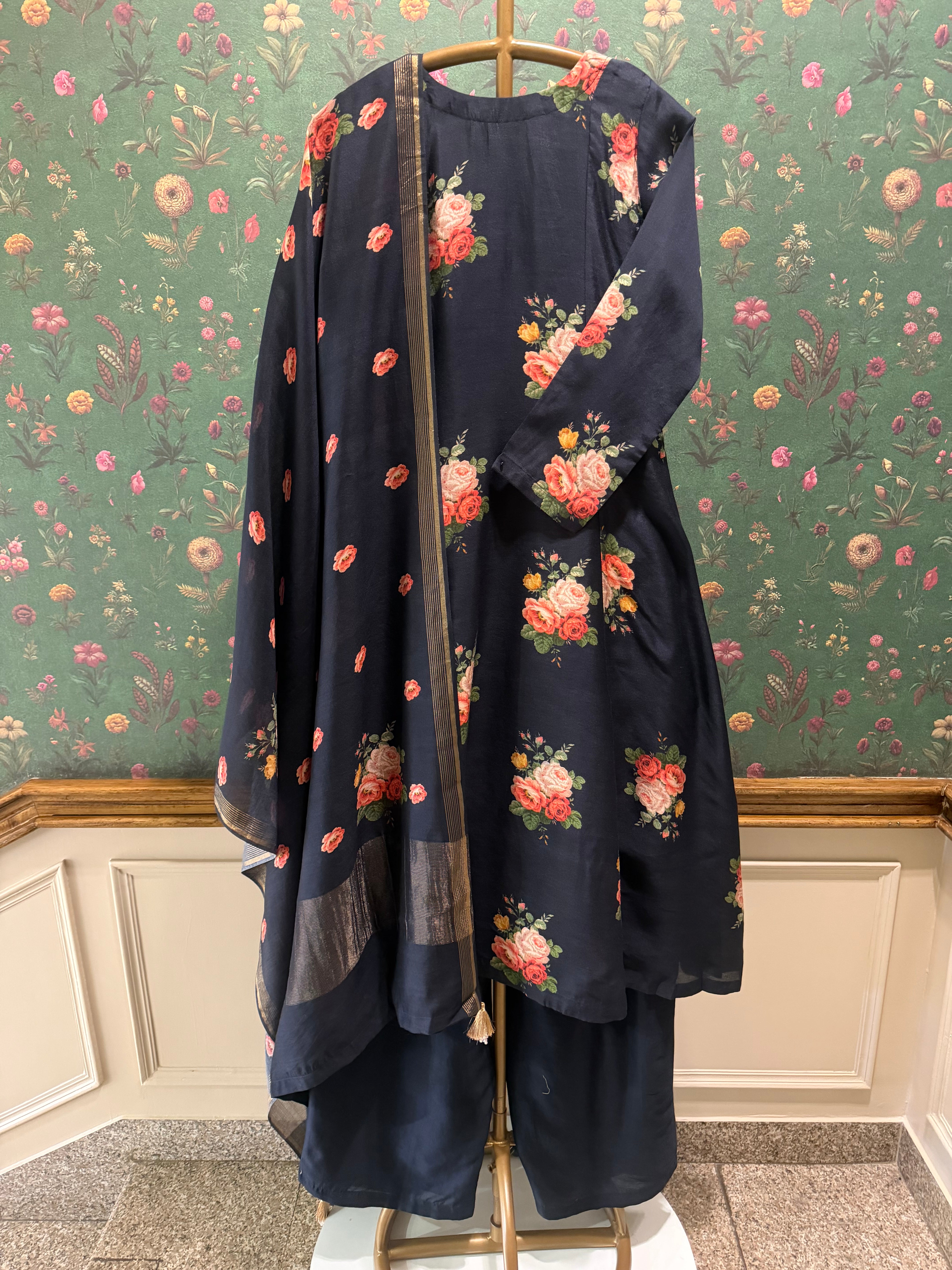 Twilight Black Floral Chanderi A-Line Suit Set x Celina | HER-607