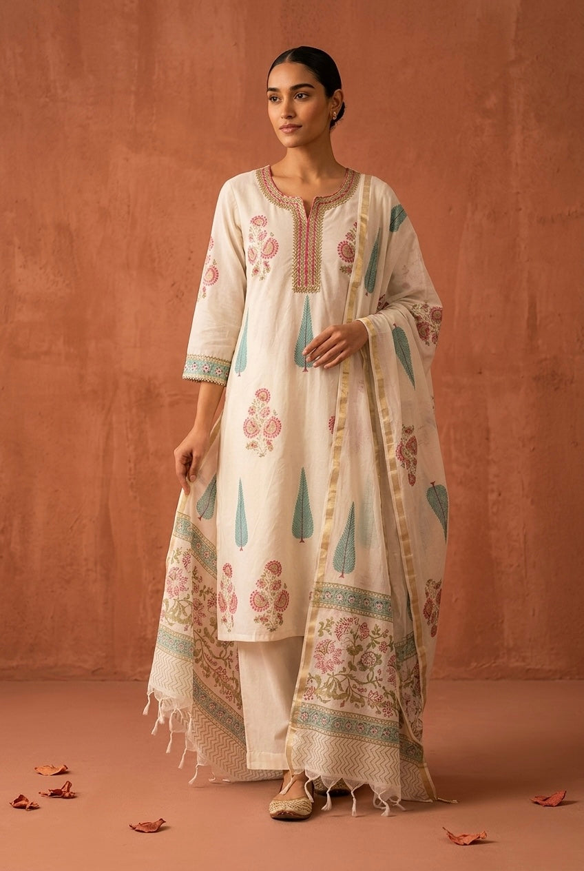 Ivory White Floral Printed Chanderi Suit Set | HER-757