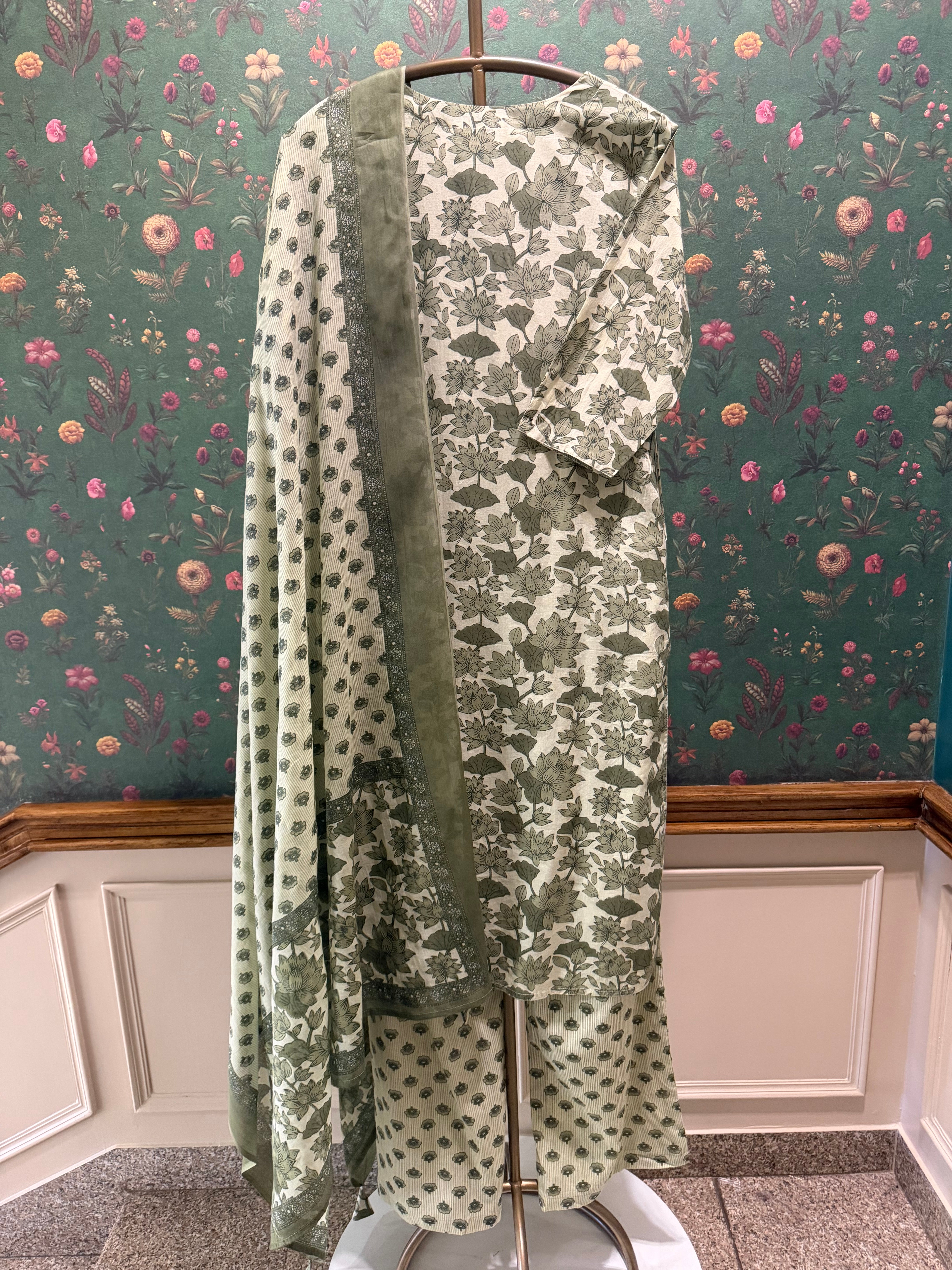 Sage Green Floral Printed Cotton Suit Set | HER-727