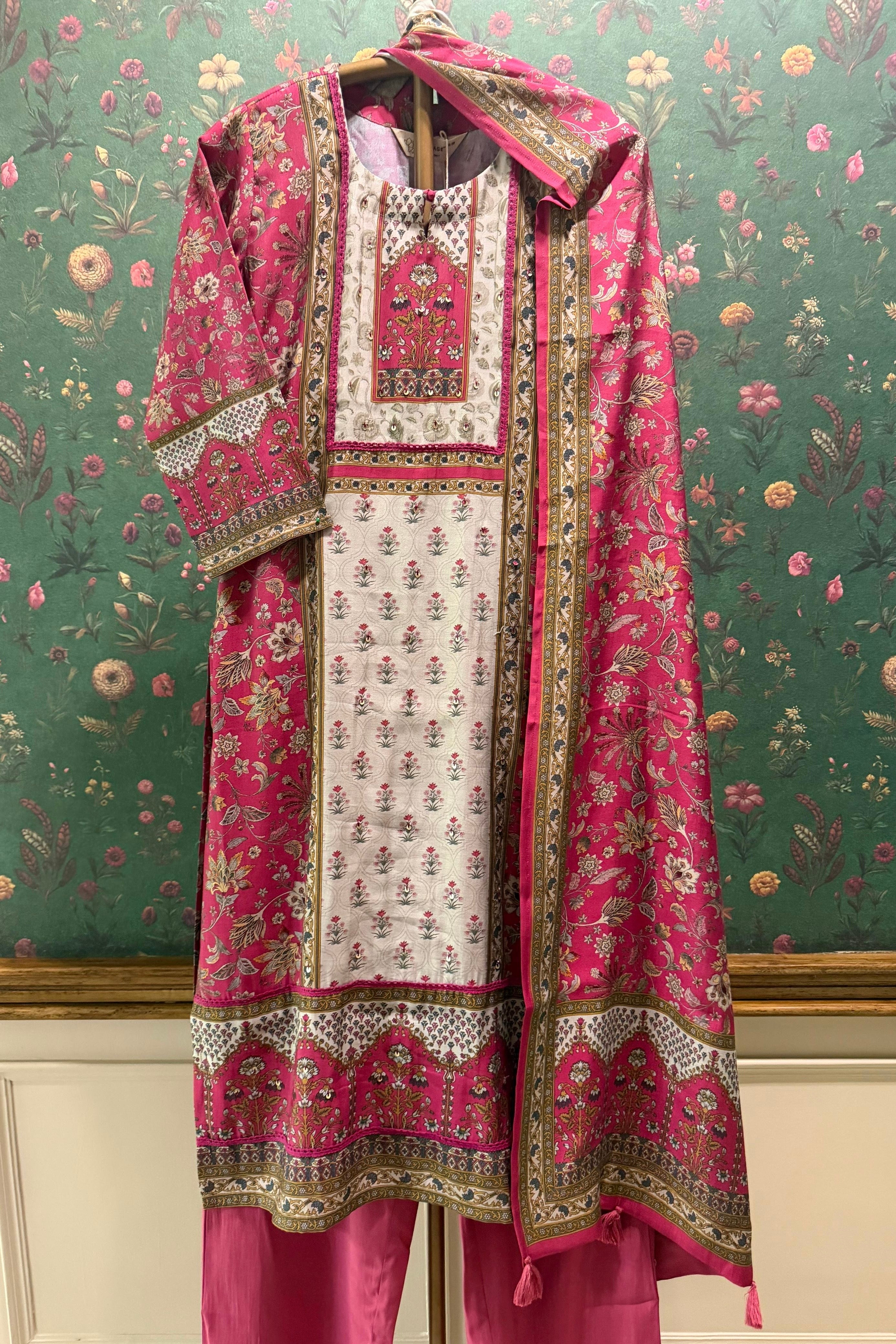 Gulnaar Rose Pink Jaal Printed Suit Set | HER-600