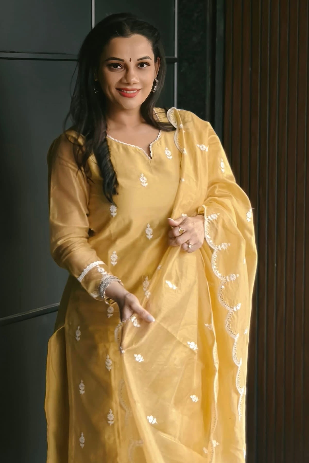 Mustard Yellow Hand-Embroidered Chanderi Suit Set | HER-406