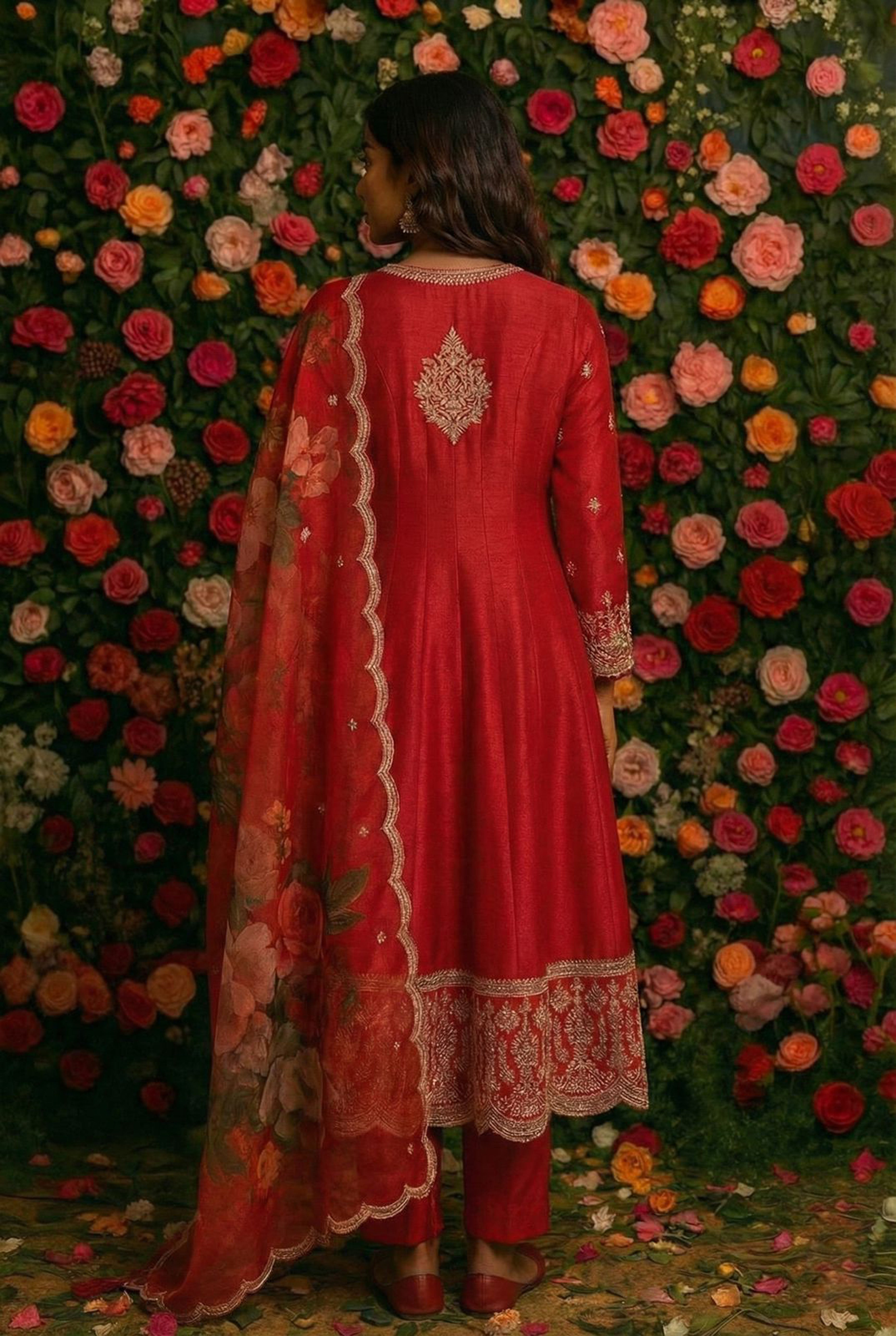 Ruhani Fuchsia Pink Satin Silk Anarkali Suit Set with Floral Organza Dupatta | HER-560