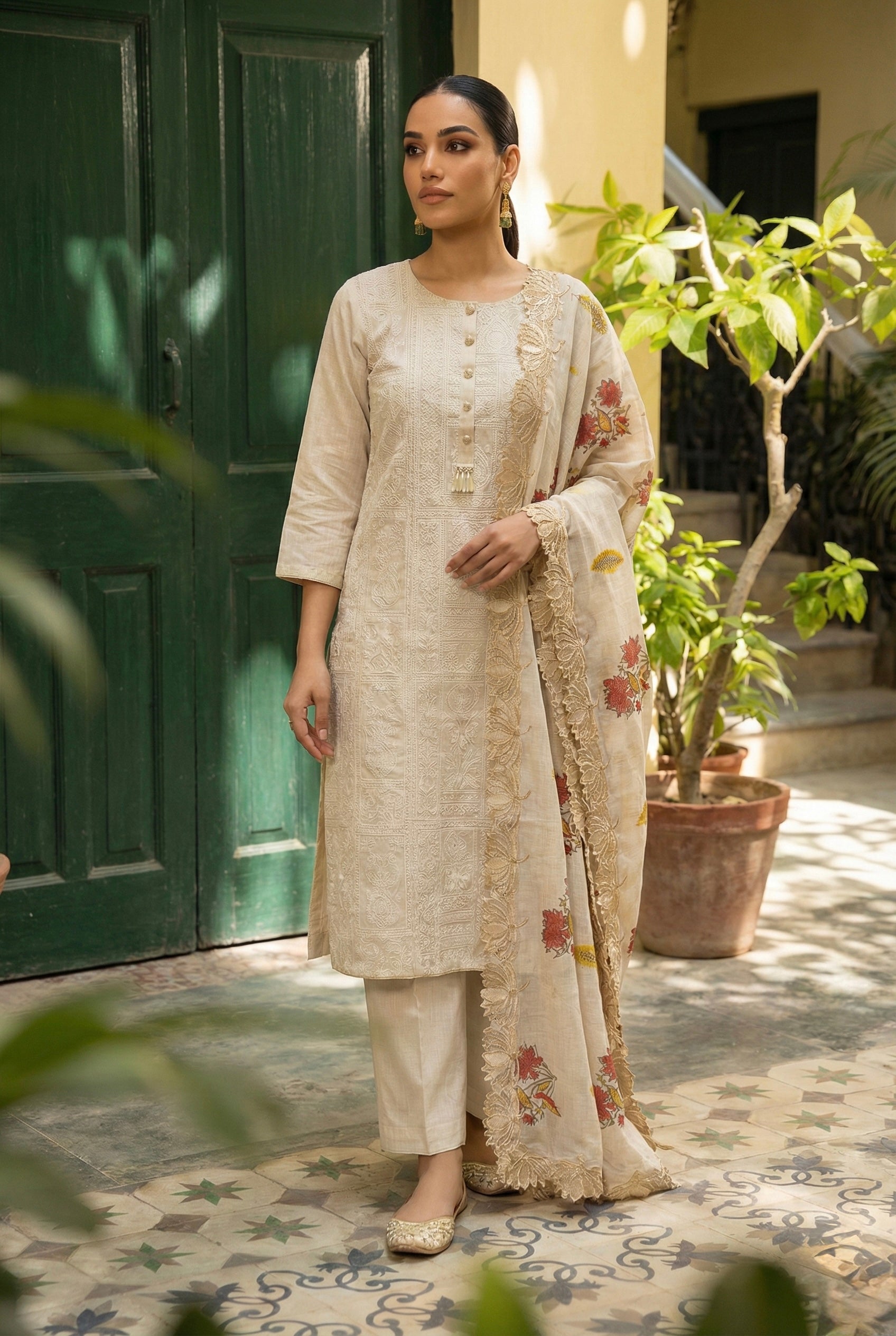 Warm Ivory Gulbahar Chanderi Suit Set | HER-609