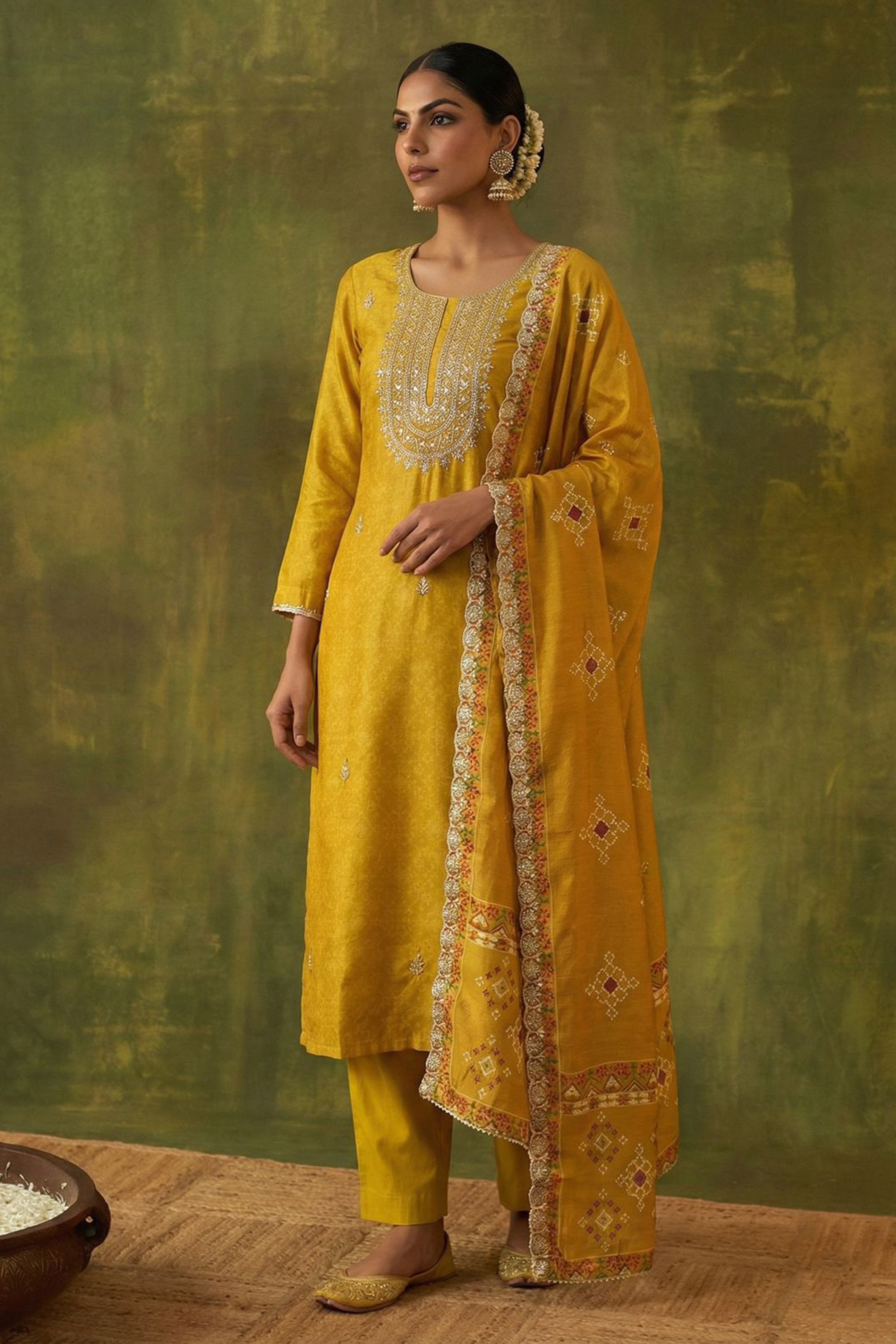 Falak Mustard Yellow Chanderi Suit Set | HER-413