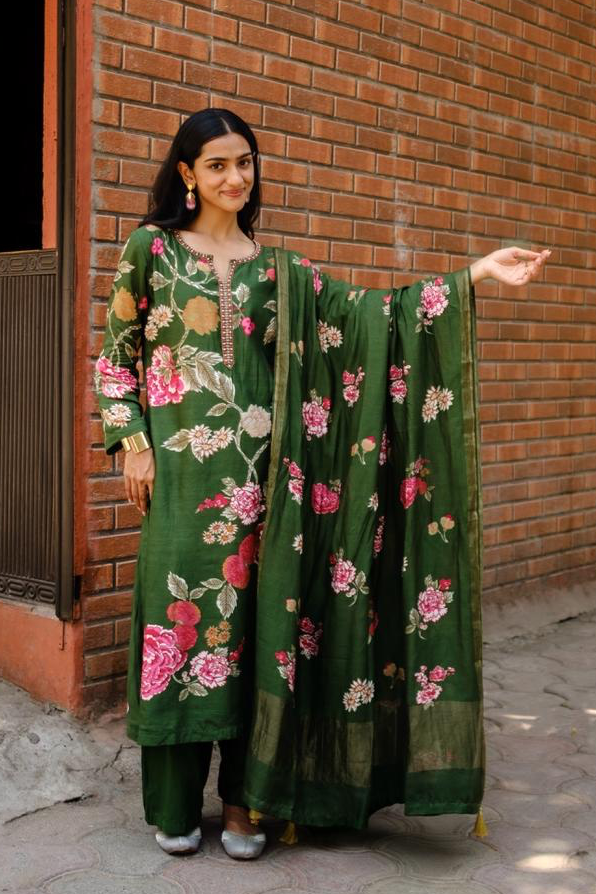 Emerald Green Floral Chanderi Suit Set | HER-605