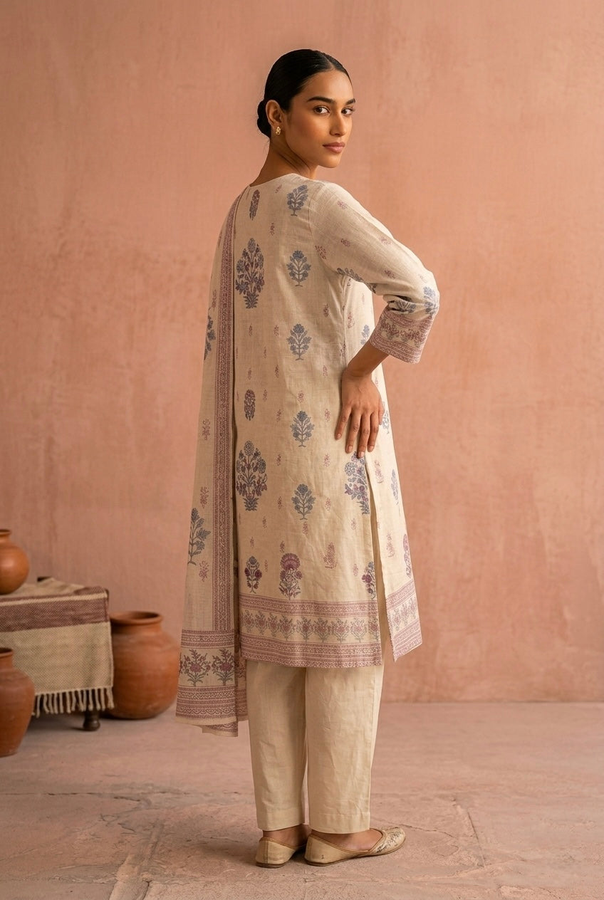Ivory Vintage Floral Cotton Suit Set | HER-669
