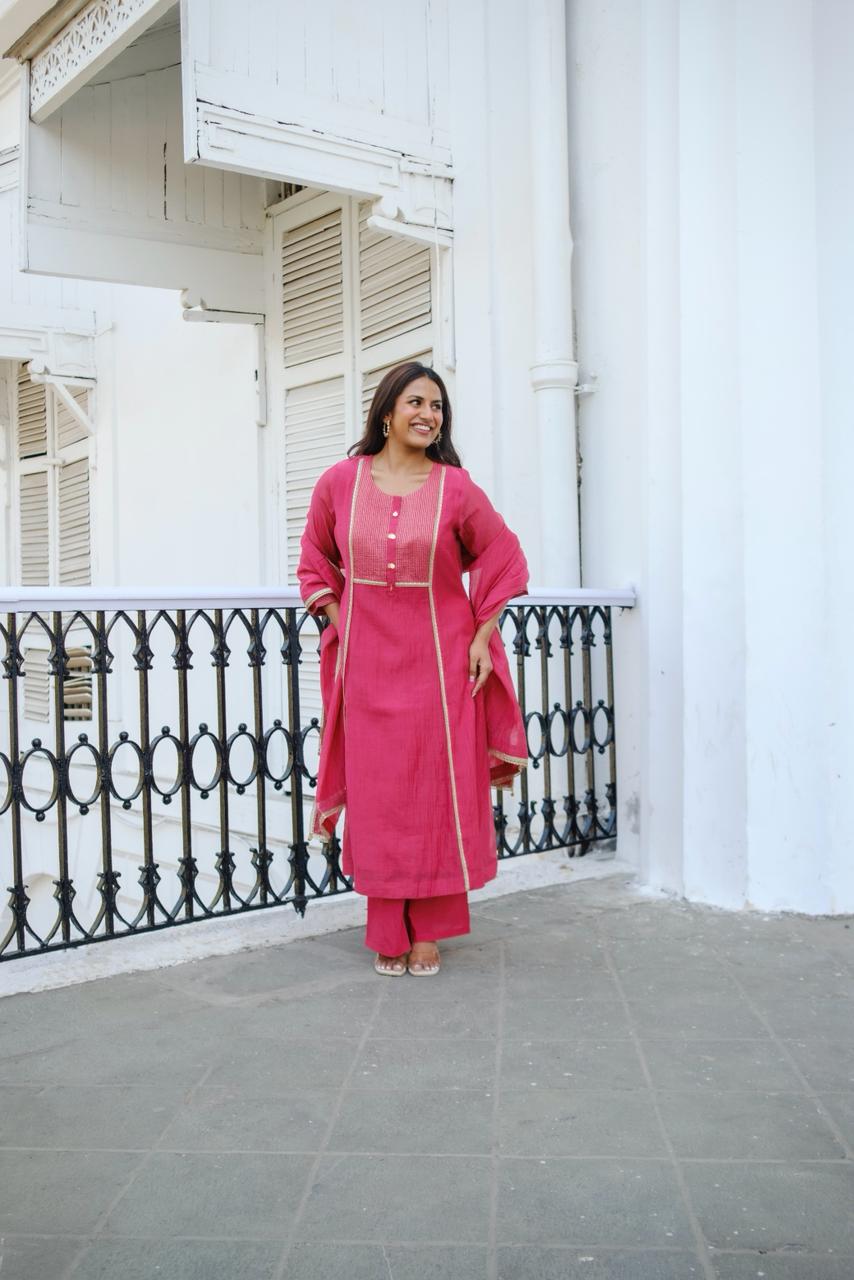 Meher Handcrafted Mul Chanderi A-Line Suit Set | HER-621
