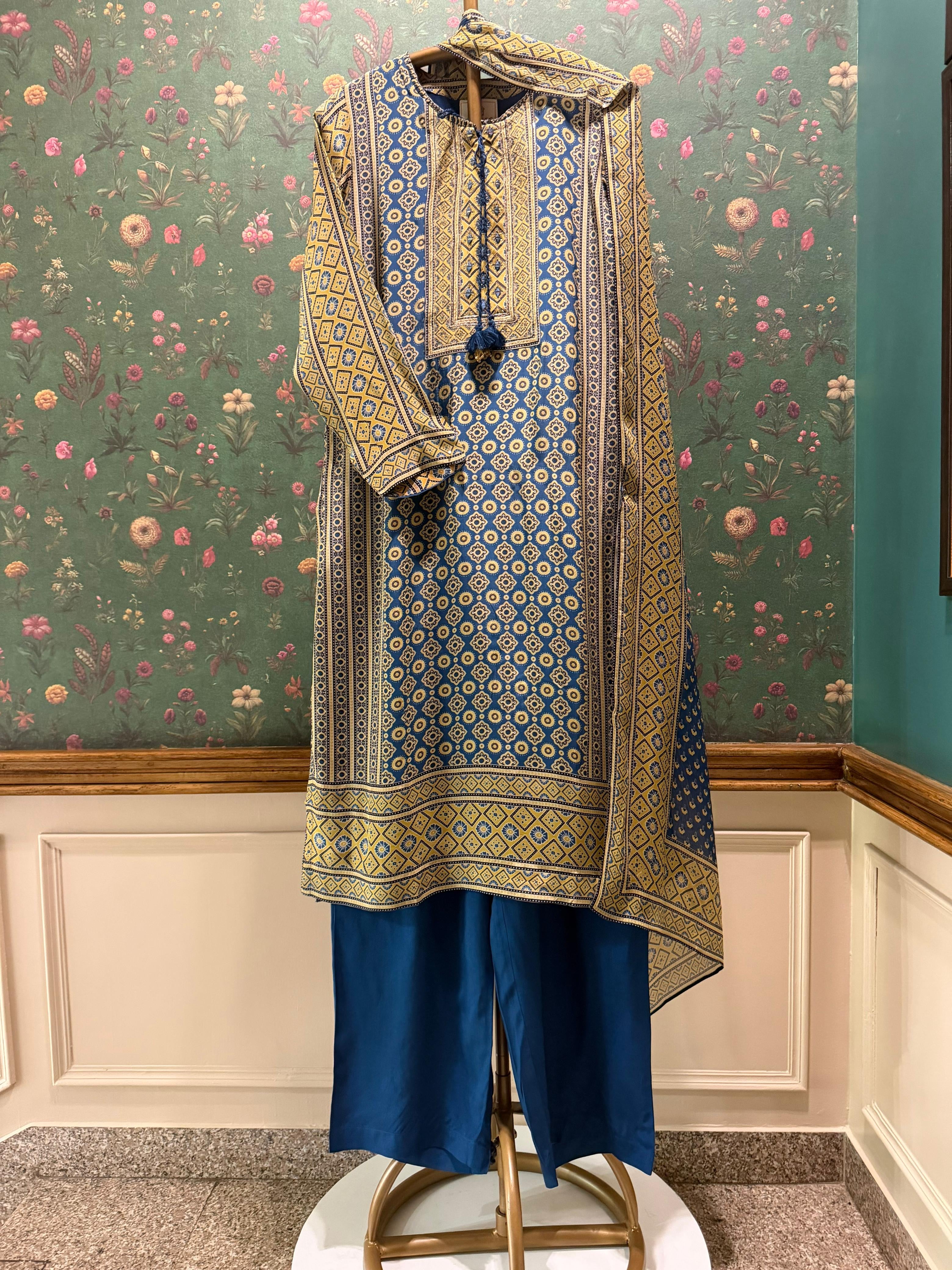 Blue Ajrakh Pure Crepe Suit Set | HER-634