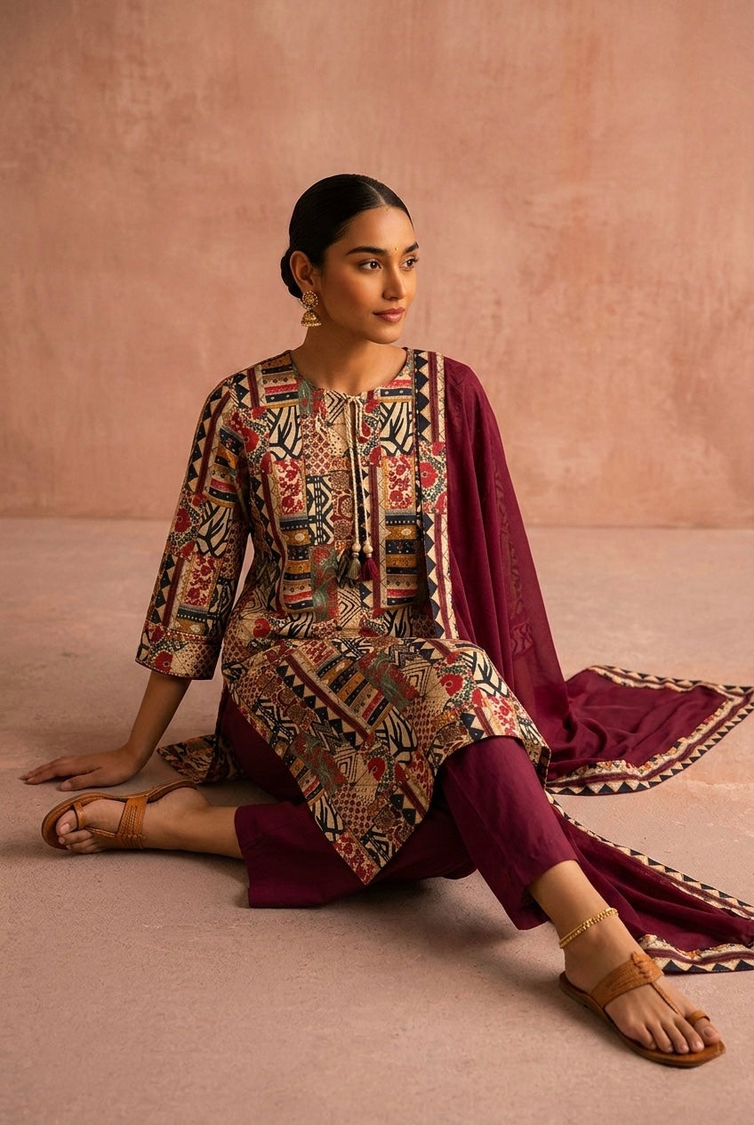 Rangrez Maroon Patchwork Suit Set | HER-645