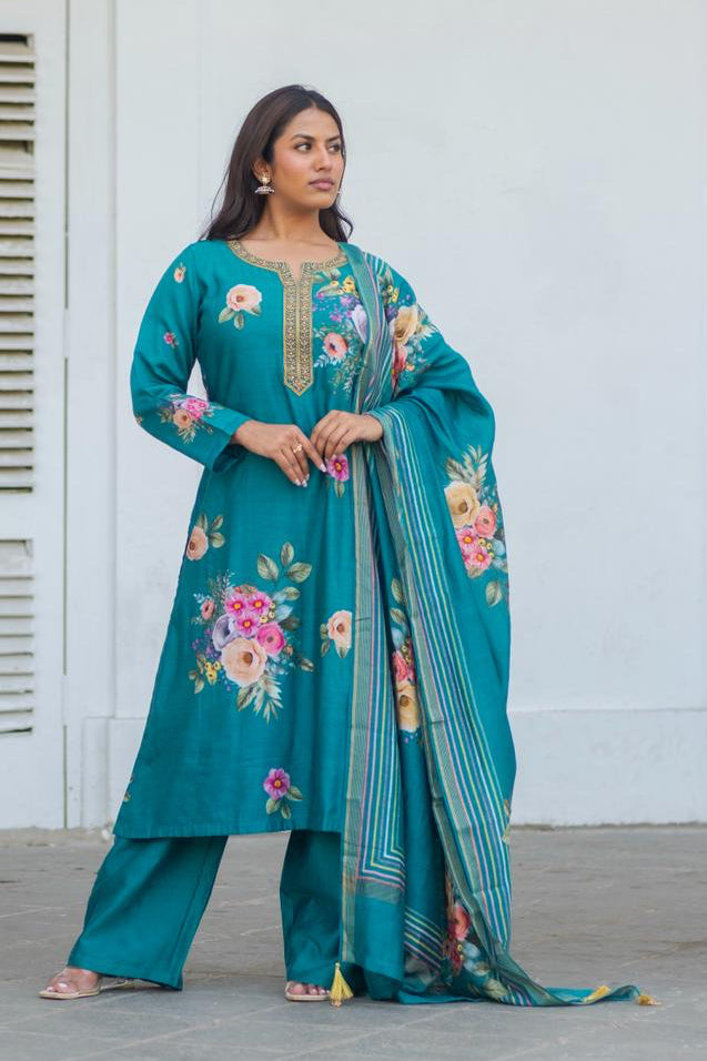Emerald Teal Blue Floral Chanderi Suit Set | HER-606