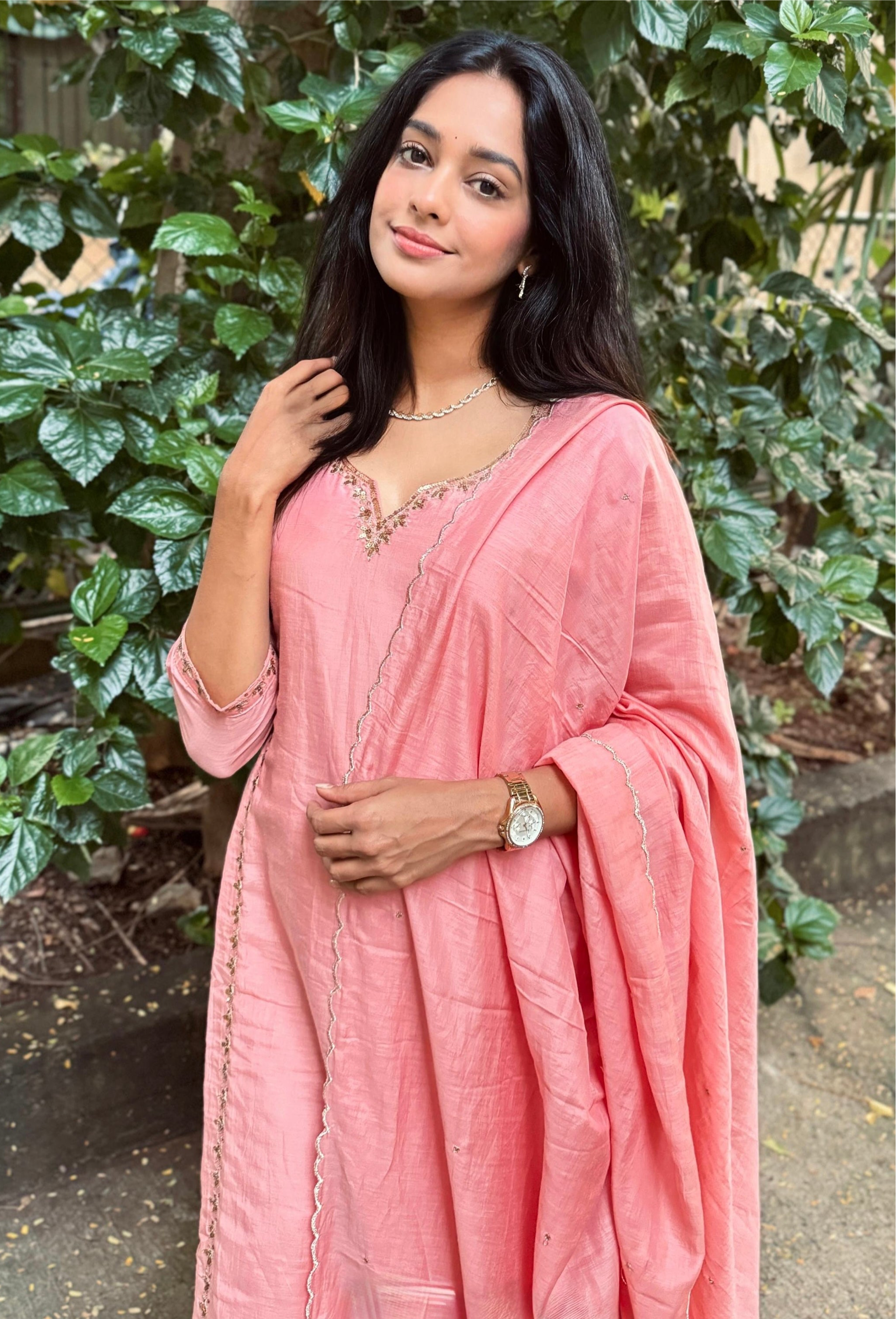 Khwabida Peach Mul Chanderi Suit Set | HER-542