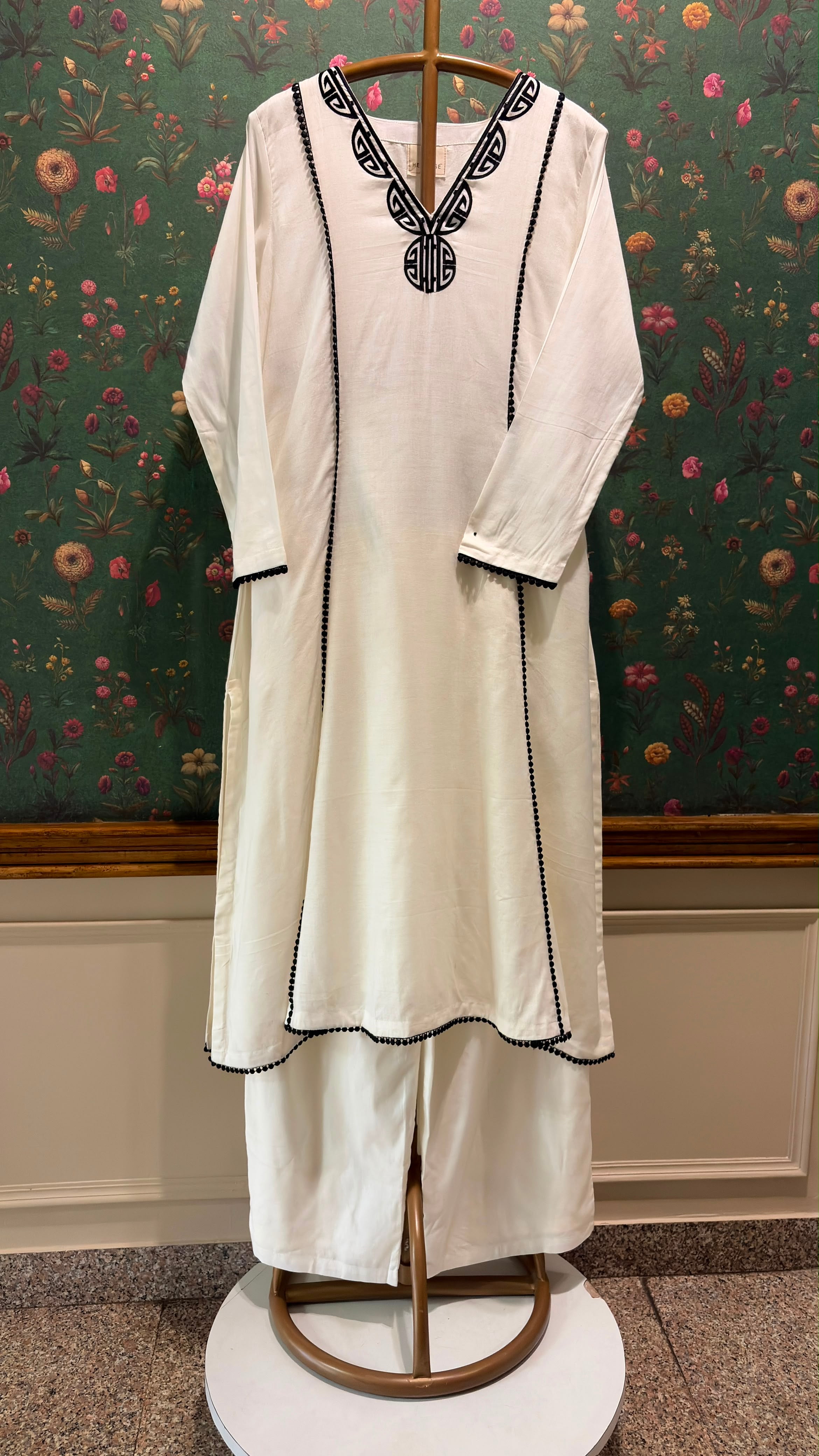 Ivory & Black Pure Linen A-line Suit Set | HER-823