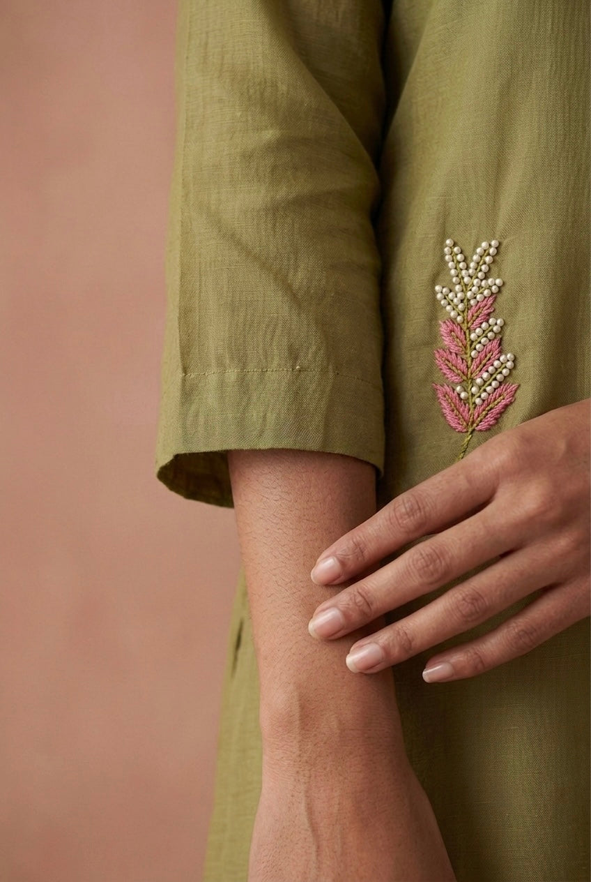 Olive Green Embellished Mul Chanderi A-Line Suit Set