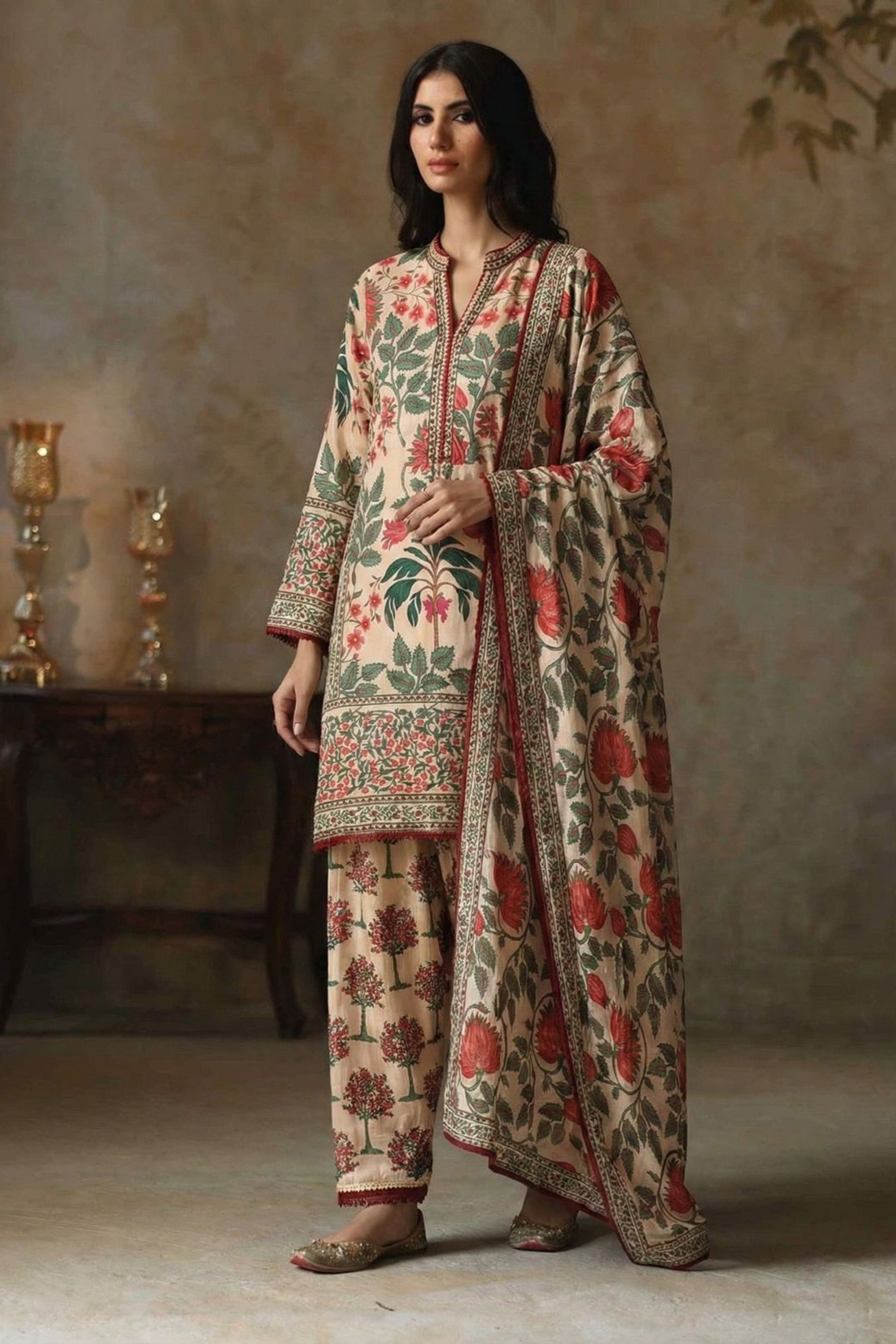 Peach Crimson Botanical Printed Suit Set | HER-613