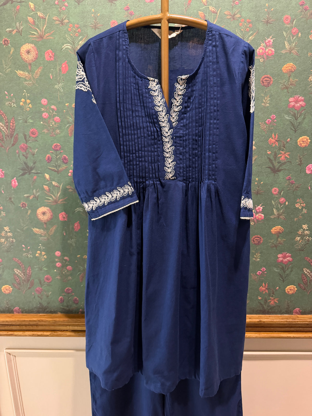 Navy Blue Pleated Embroidered Kurta Set