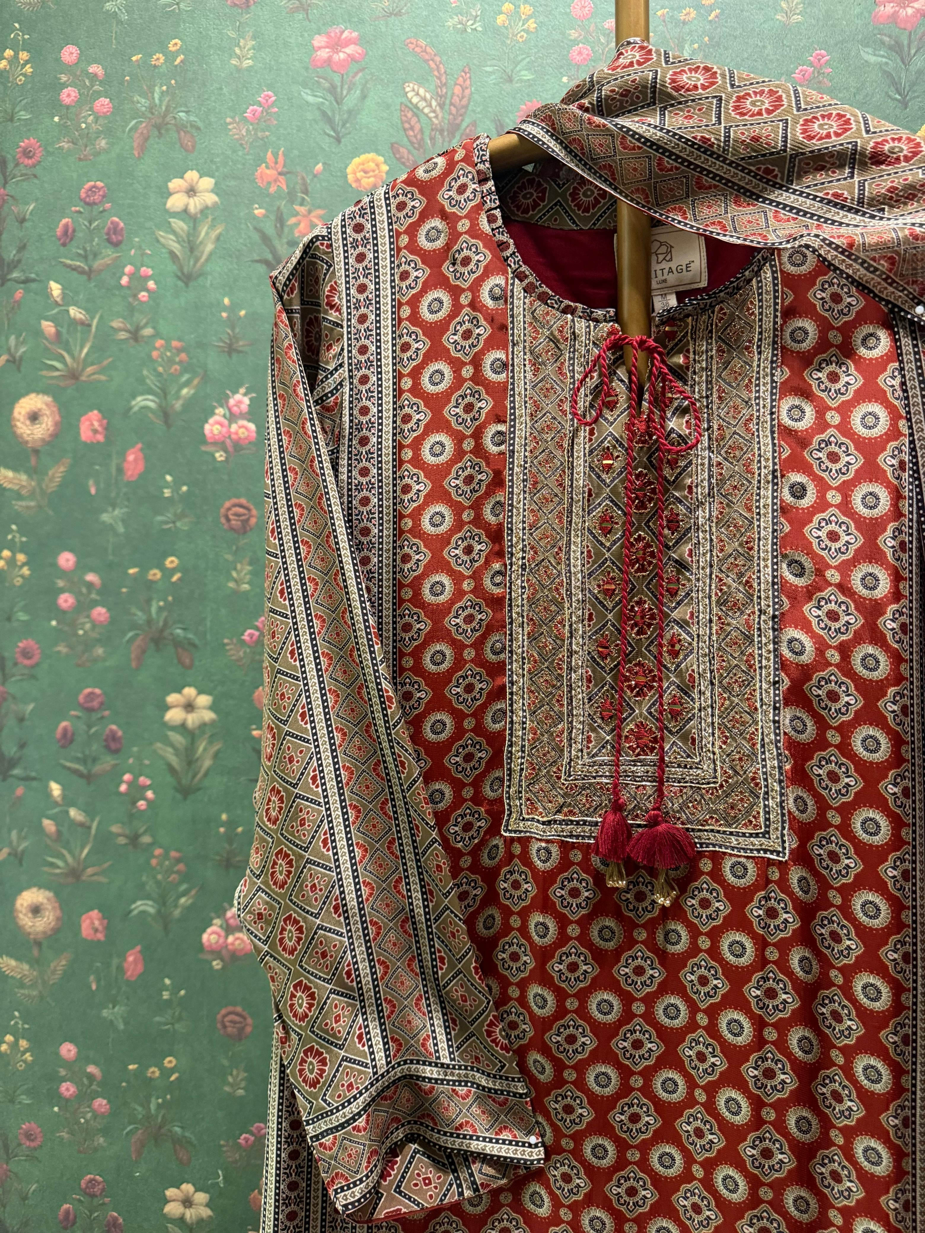 Rust Ajrakh Pure Crepe Suit Set | HER-634 x Navjeet Kaur