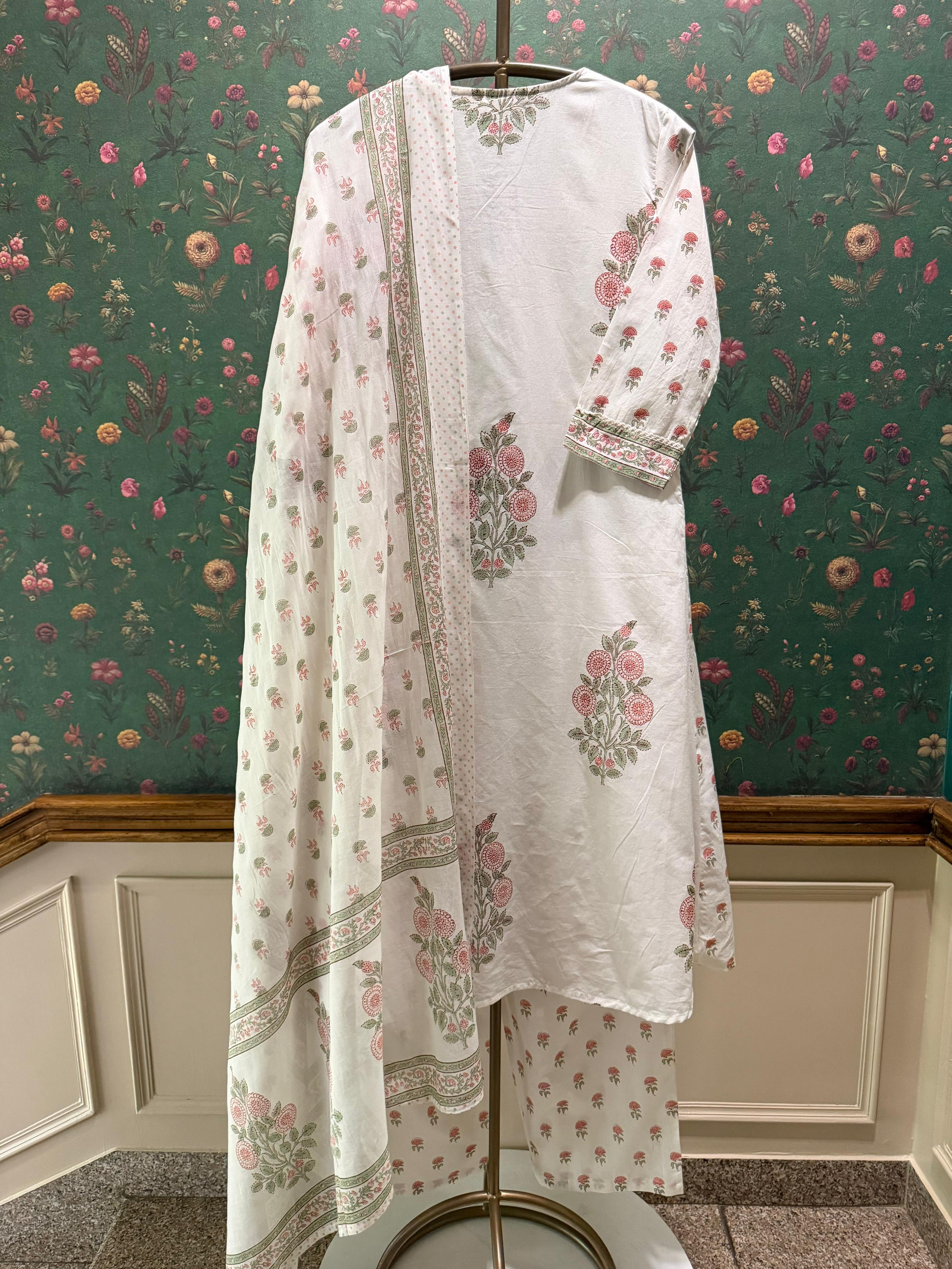 Ivory Floral Hand Block A-Line Cotton Suit Set | HER-716