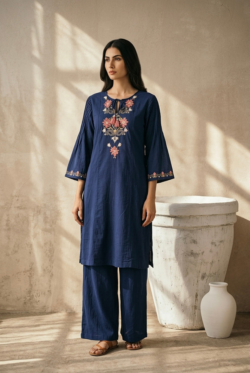 Blue Embroidered A-Line Kurta Set | HER-723