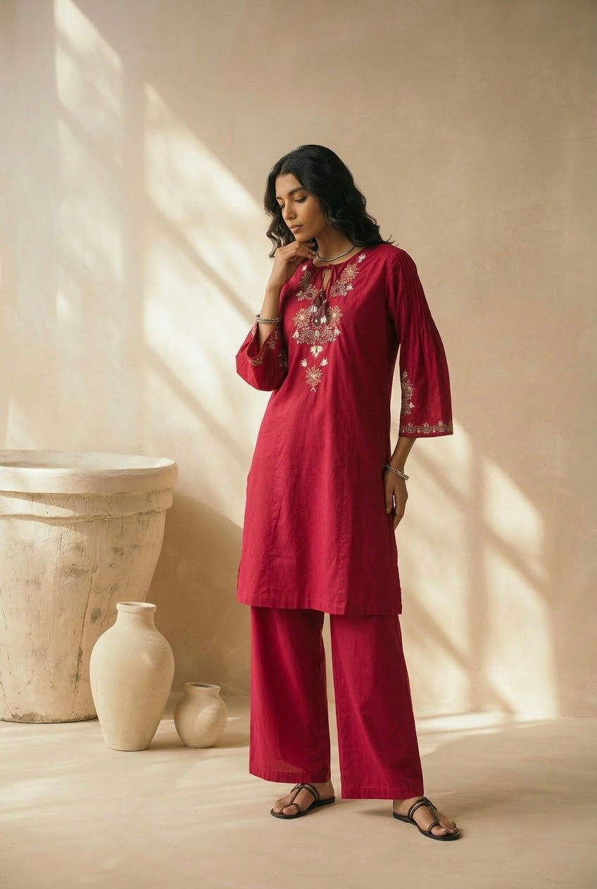 Raspberry Red Embroidered A-Line Kurta Set | HER-723